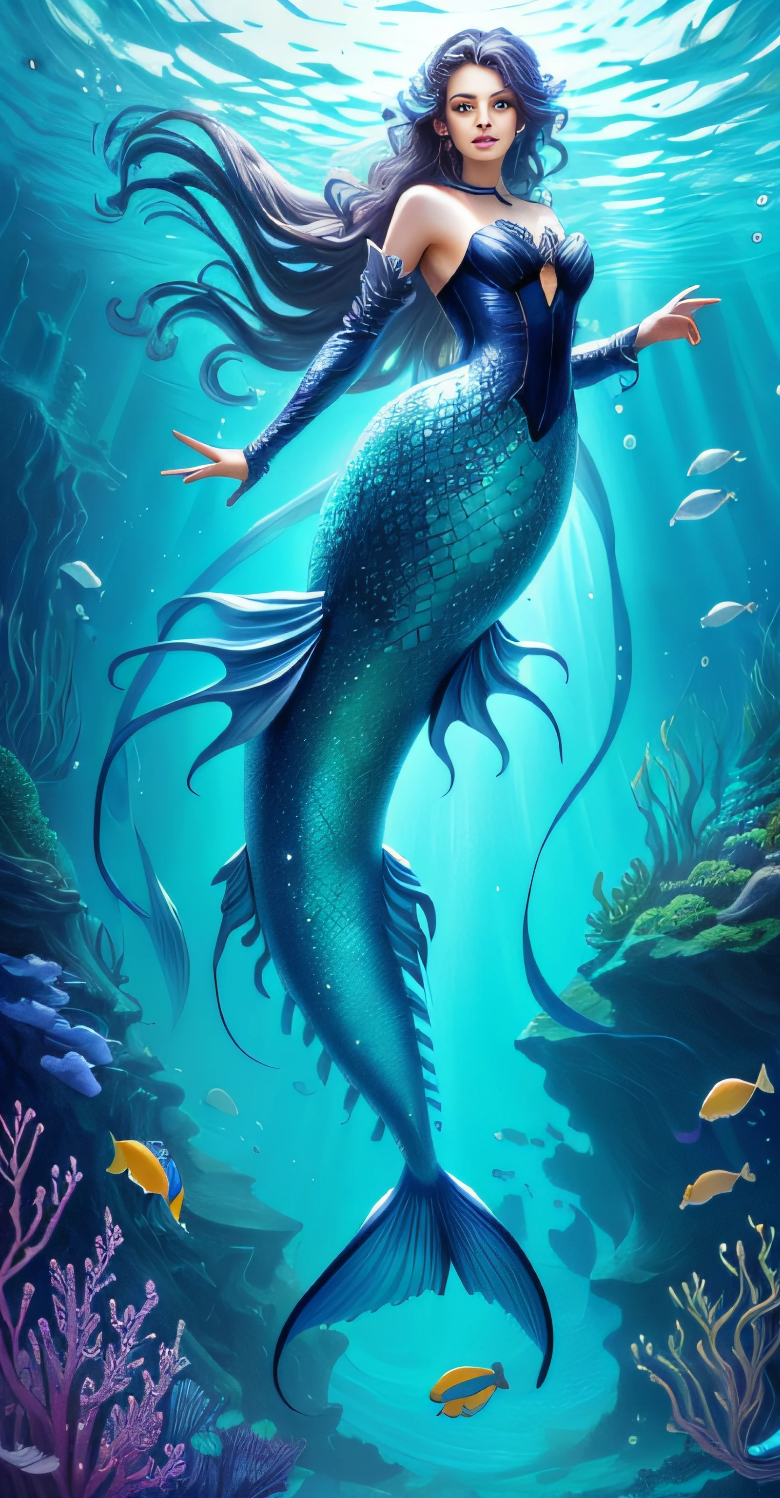 mermaid with long hair and a tail, aquatic creature, eldritch goddess, creature design, lovecraftian sea creature, mermaid, ursula the sea witch, eldritch lovecraftian secretary, deep sea creature, emma watson as sea mermaid, background underwater with caves, flora, fauna, algae, water creatures, cinematic, bubbles, hires, underwater world