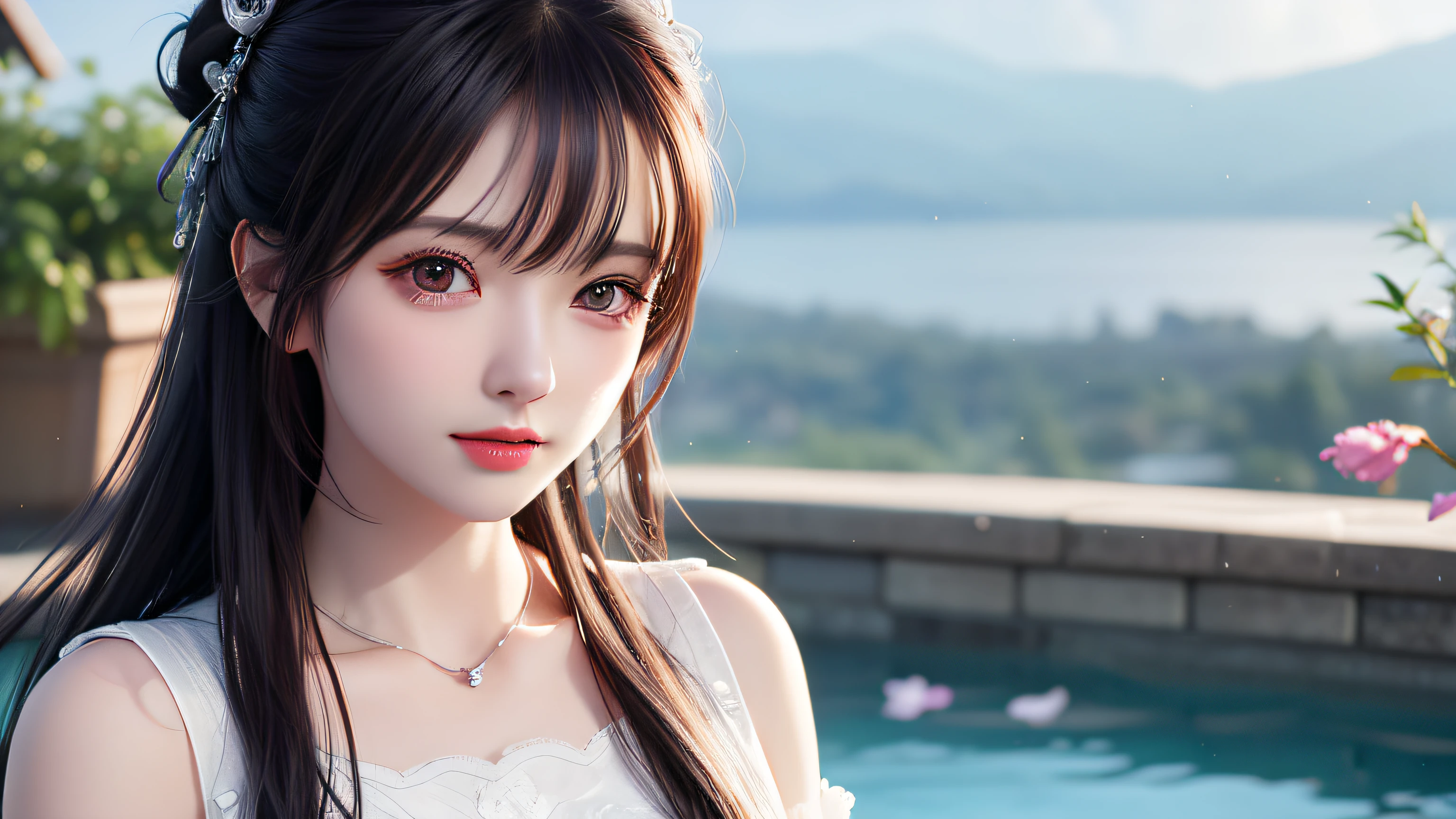 (8k, RAW photos: 1.2), top quality, ultra high resolution, head to knee, dramatic angles, (finely colored petals fluttering), (illustration), (1 girl)))), (long hair), (transparent white sheer sleeveless dress, mini skirt))), beautiful face, (bright lip gloss, long eyelashes, smooth) face, bright skin, natural shadows, wide light, Wide Light, Depth of Field, Strong Color, Subtle Caustics: 0.8), Smile, (Big), (Rain: 0.9), Behind the Girl is Hanazono, (Focus), (Standing on the Surface of the Water)), (Color Splash), Colorful Splash, (Colorful)))), (Sketch: 0.8), Masterpiece, Best Quality, Beautifully Painted, Highly Detailed, (Denoise: 0.6), Splash Ink, ((Ink Refraction)), (Beautiful Detailed Sky), Highly Detailed, (Masterpiece, Best Quality, Highly Detailed) CG Unity 8k Wallpaper, Masterpiece, Best Quality, Ultra Detail), (Lycoris radiata),