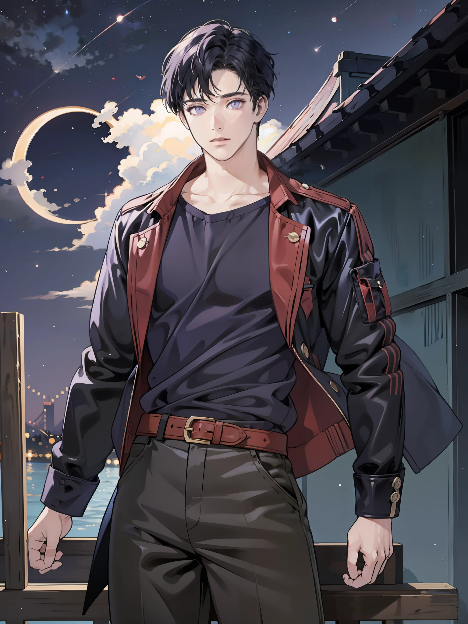 (masterpiece), (best quality), ultra high res, professional artwork, ultra detailed, intricate, detailed face, perfect lighting, 1 boy, dark blue hair, (purple eyes), casual clothes, high collar, jacket, collarbone, head, night, night sky, crescent moon, red moon, outdoors, (cowboy shot, far shot), curtain bangs, dark blue hair, short hair