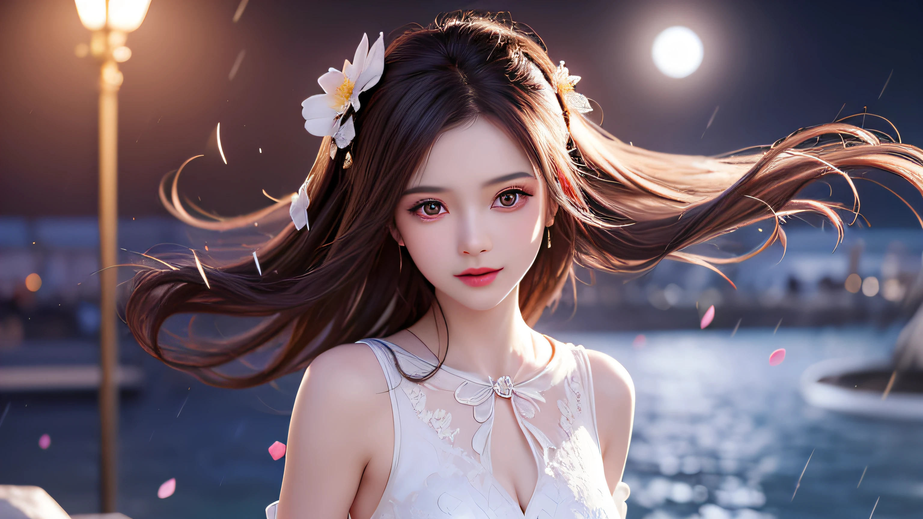 (8k, RAW photos: 1.2), top quality, ultra high resolution, head to knee, dramatic angles, (finely colored petals fluttering), (illustration), (1 girl)))), (long hair), (transparent white sheer sleeveless dress, mini skirt))), beautiful face, (bright lip gloss, long eyelashes, smooth) face, bright skin, natural shadows, wide lightDeep Light, Depth of Field, Strong Color, Subtle Caustics: 0.8), Smile, (Big), (Rain: 0.9), Behind a Girl is Hanazono, (Focus), Standing on the Surface of the Water, (Color Splash), Colorful Splash, (Colorful))), (Sketch: 0.8), Masterpiece, Best Quality, Beautifully Painted, Highly Detailed, (Denoise: 0.6), Splash Ink, ((( Ink refraction)), (beautiful detailed sky), moon, highly detailed, (masterpiece, best quality, highly detailed) CG Unity 8k wallpaper, masterpiece, highest quality, super detail), (Lycoris radiata),