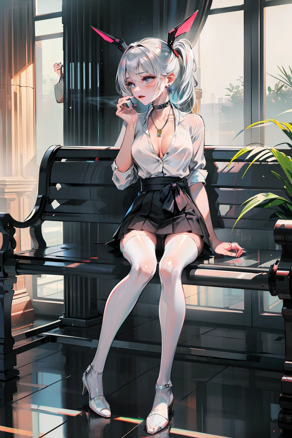 (Best Quality, 8K, Masterpiece), (A Beautiful Girl with White Hair, Super Pink Long Hair, Big Eyes: 1.3, Long Eyelashes, Delicate Makeup: 1.4, Sexy Lips, Blush), (Exquisite Watch, Silver Reflective Heart-shaped Necklace, Bulgari Earrings, Bulgari Ring), Reduced Suit Size, (Sitting on a Park Bench with Behind the Built-up Leaves and Plants), (Wearing a white shirt with 2 buttons open, mid-breast, cleavage), black oily transparent pantyhose, hip skirt, (Sit and bend over, take off your shoes with your hands, expose your feet), Best Light, Best Shadows, Cinema Lighting, 26 Years Old, 1Girl, Acura, (Real Skin, Supple Skin) Ray Tracing, Unreal Engine 5, Reflective Skin, Digital Illustration, Game CG Characters, Supermodel