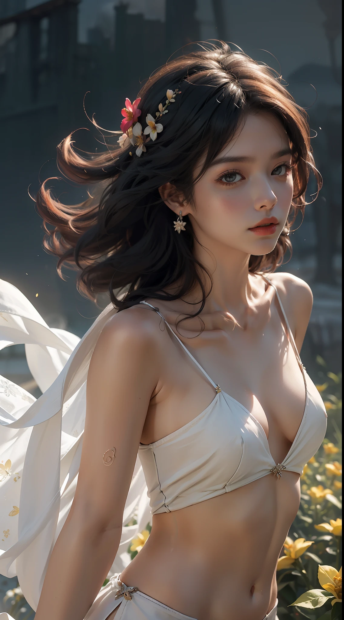 Super high quality, masterpiece, perfect illustration, extreme detail (exquisite light and shadow, highly dramatic picture,) Zhonghua, 1 girl, solo, hanfu, flower field, flowers, (white smoke:1.3) (realistic:1.4), zen entanglement, tangled, official art, Unity 8k wallpaper, super detailed, beautiful and beautiful, masterpiece, best quality, (dynamic angle: 1.4), glowing skin, (floating colorful flashes: 1) the most beautiful chaotic forms, elegant, brutalist design, bright colors, Romantic depth of field exotic_dance, half_naked