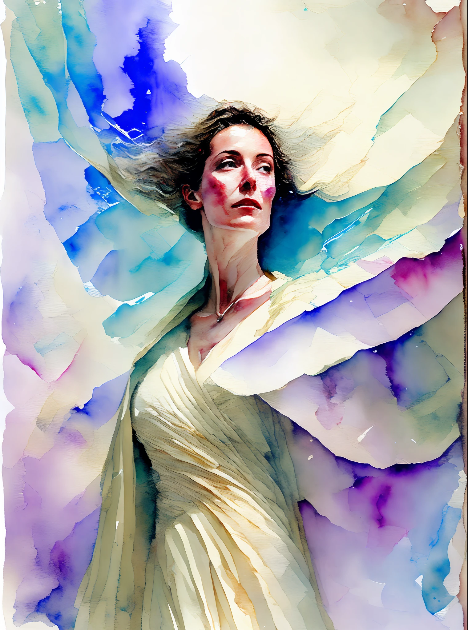 A stern-looking goddess in the storm, wearing a star cloak, Emma Thompson, erotic pose, movie lighting, (by Daniel Mernagh) (Carne Griffiths) Monika Nowak), highly detailed, detailed face, soft body, watercolor style