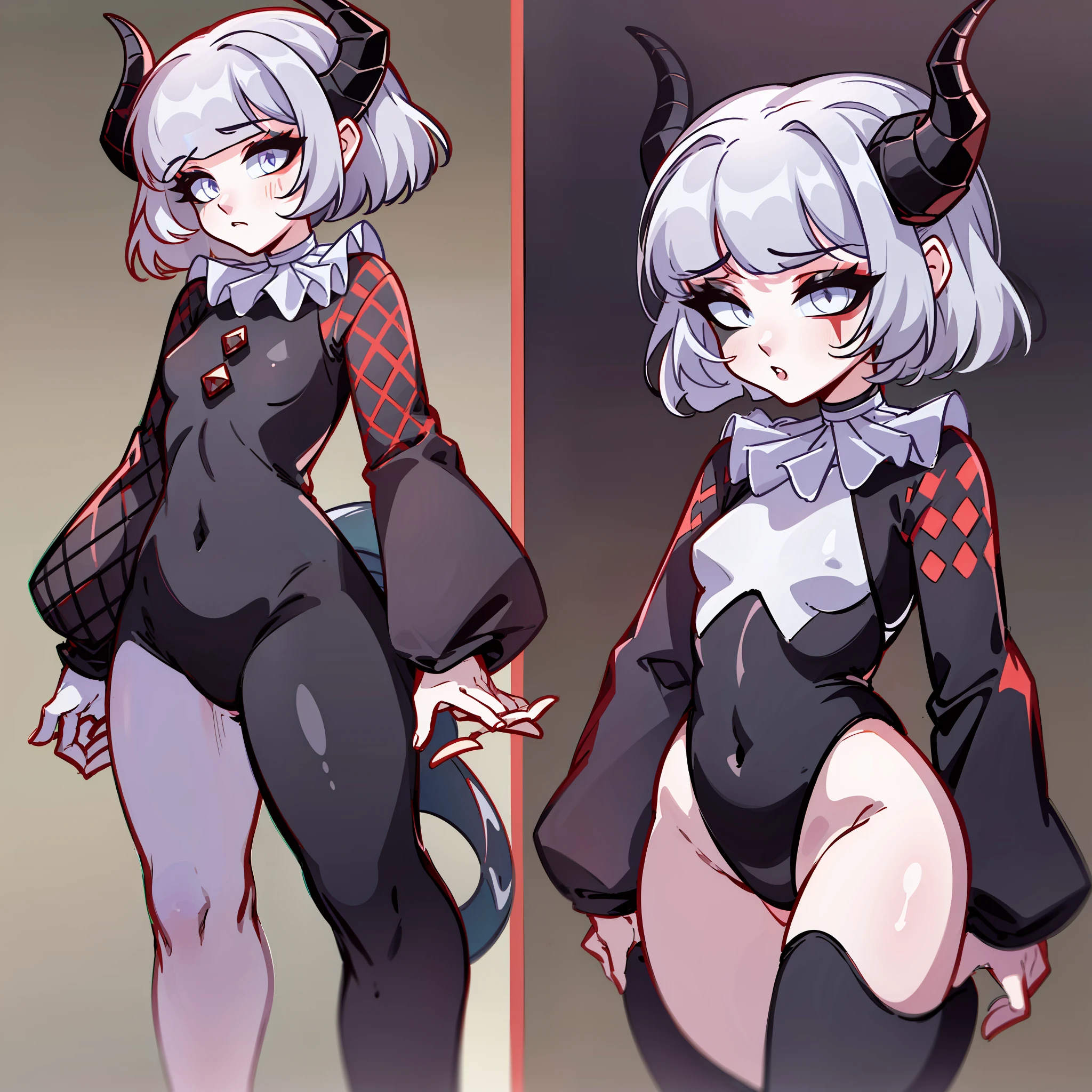 (Best quality: 1.0), (super high res: 1.0), extremely detailed character, detailed Hands, half-dragon girl, horns, scales on the neck, scales on the shoulders, scales on the forearm, scales on the cheek, dragon's tail, extremely detailed hair, short hair, ((white hair)), ((black locks)), extremely detailed eyes, eye with different colors, white right eye and the left being black, dragon eyes, 2d, anime art, ((child)), ((full body)), standing, medieval, rpg, small, cute