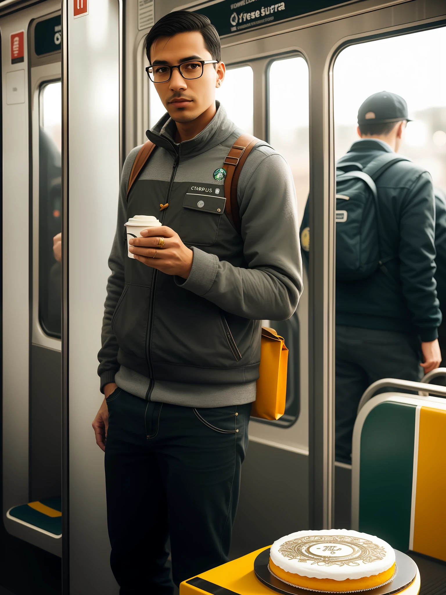 a man standing in a metro train and holding a starbucks cake, (cyborg:1.1), ([tail | detailed wire]:1.3), (intricate details), hdr, (intricate details, hyperdetailed:1.2), cinematic shot, vignette, centered