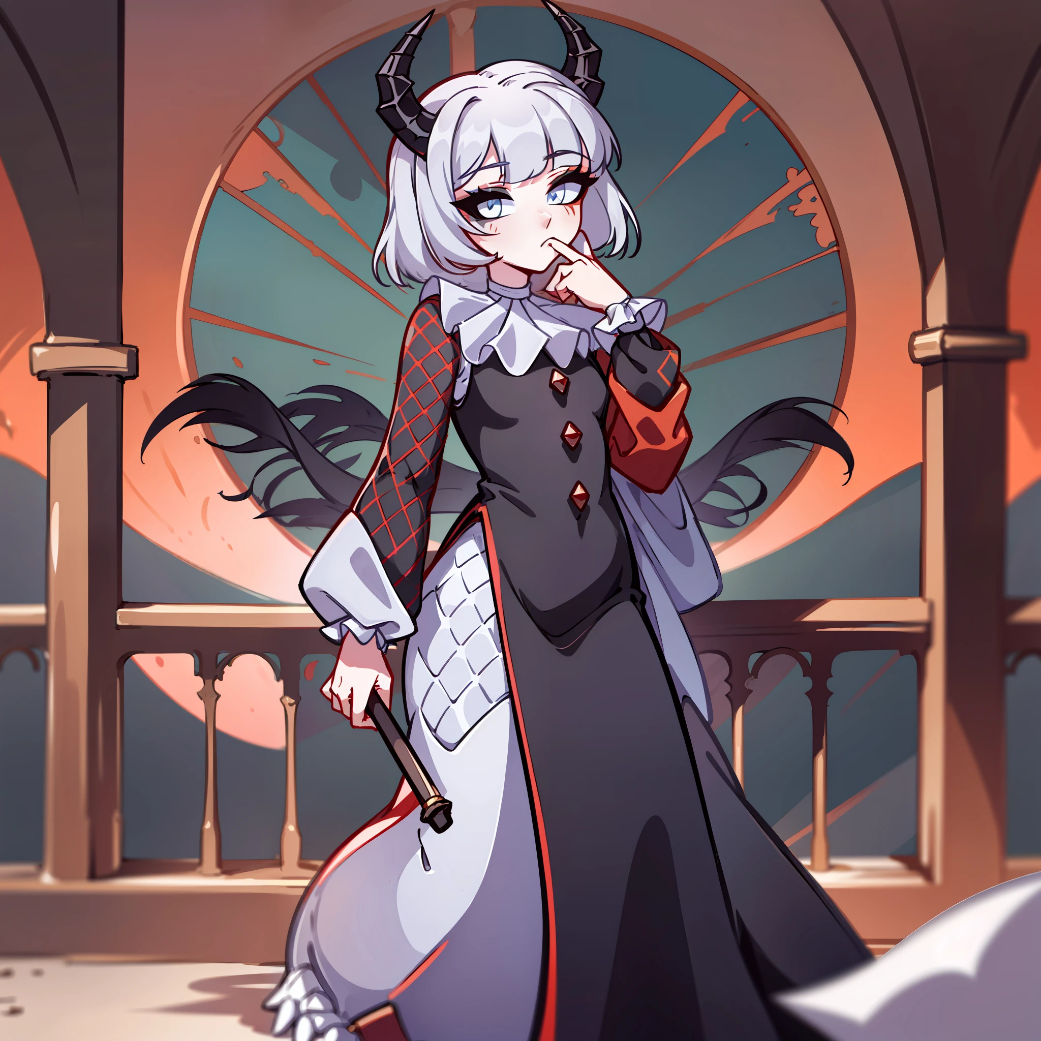 (Best quality: 1.0), (super high res: 1.0), extremely detailed character, detailed Hands, half-dragon girl, horns, scales on the neck, scales on the shoulders, scales on the forearm, scales on the cheek, dragon's tail, extremely detailed hair, short hair, ((white hair)), ((black locks)), extremely detailed eyes, eye with different colors, white right eye and the left being black, dragon eyes, 2d, anime art, ((child)), ((full body)), standing, medieval, rpg, small, cute