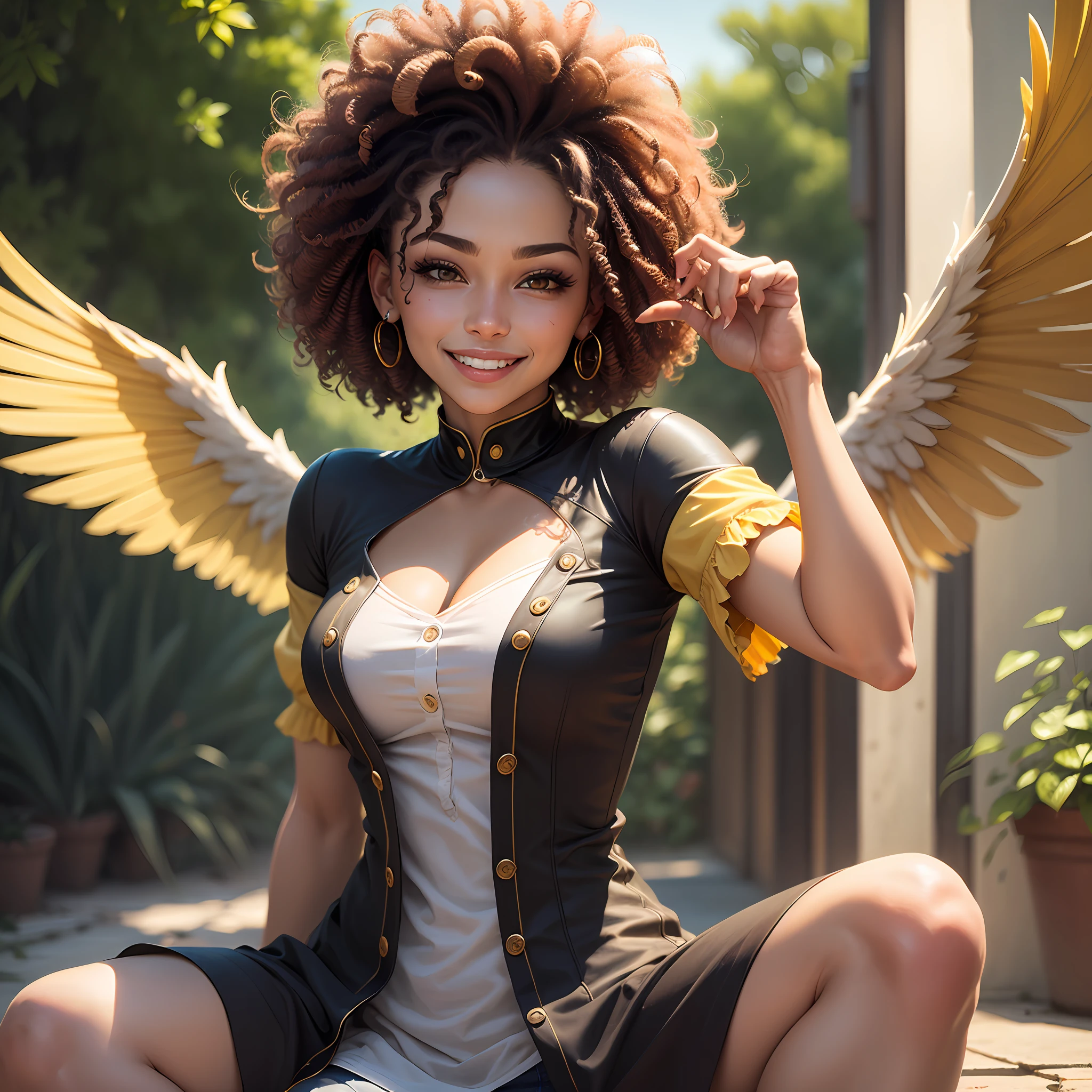 Best quality,woman of 20 years,mulatto skin,curly hair,yellow eyes,with a wing,time of knees,eyes open,smile(ultra quality) --auto