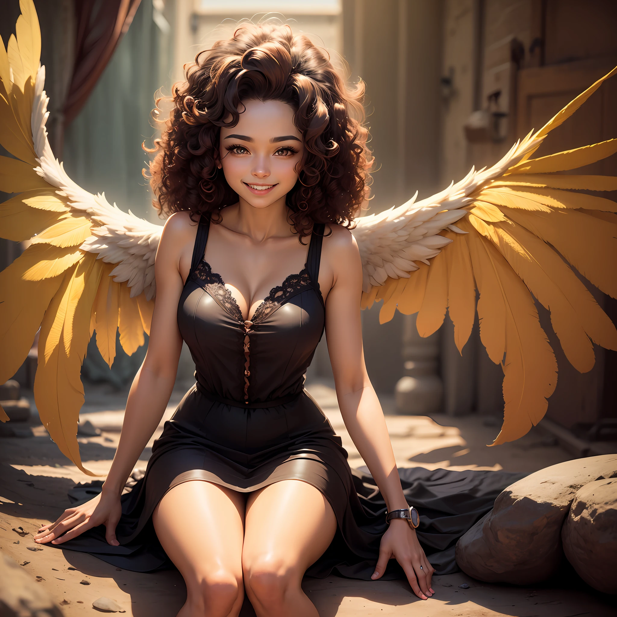 Best quality,woman of 20 years,mulatto skin,curly hair,yellow eyes,with a wing,time of knees,eyes open,smile(ultra quality) --auto