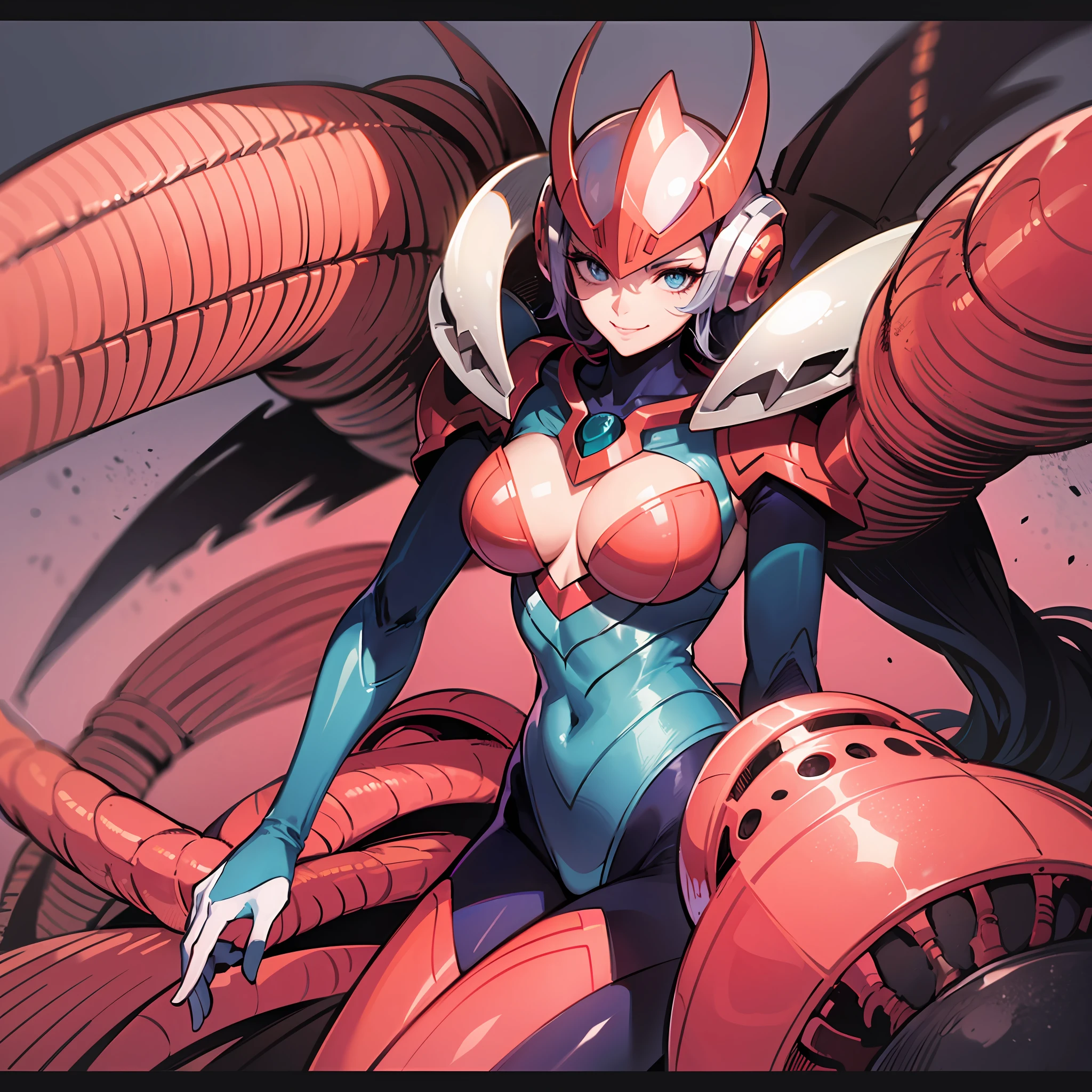 Hot insect crustacean woman, Guyver style, evil smile, scaraber reploid, bellows tail, cel shade adult animation, alien queen,