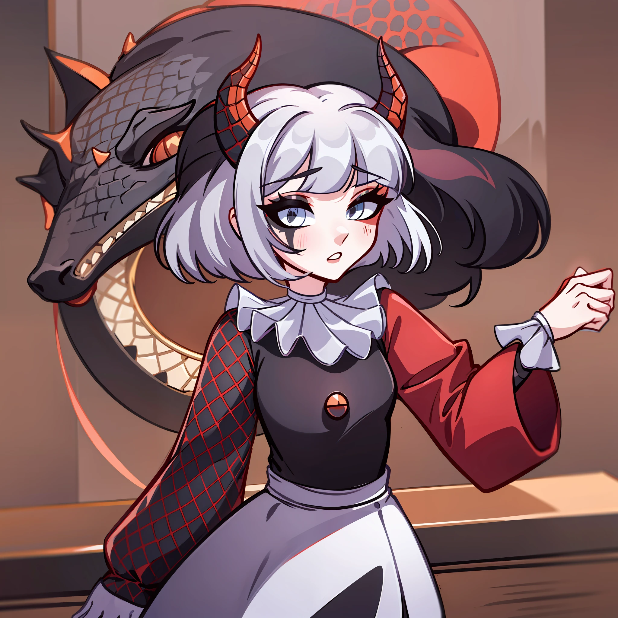 (Best quality: 1.0), (super high res: 1.0), extremely detailed character, detailed Hands, half-dragon girl, horns, scales on the neck, scales on the shoulders, scales on the forearm, scales on the cheek, dragon's tail, extremely detailed hair, short hair, ((white hair)), ((black locks)), extremely detailed eyes, eye with different colors, white right eye and the left being black,  dragon eyes, 2d, anime art, ((child)), ((full body)), standing, medieval, rpg, small, cute