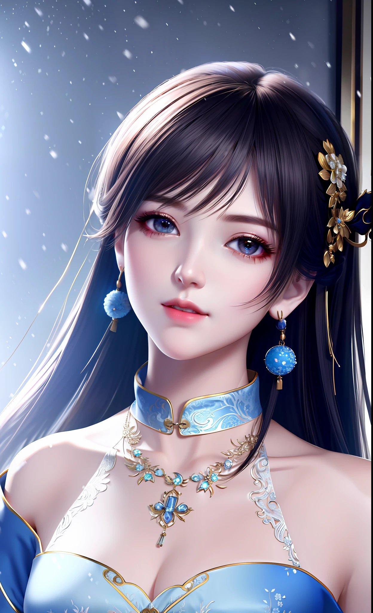 ((extremely detailed CG)), ((8k_wallpaper)), (masterpiece),best quality, high resolution illustration, hyperdetailed, highres,((Overexposure)),
bare shoulders,(Upper body),head tilt, seiza, seductive smile,
1girl,long hair,beautiful_face,Highly detailed and beautiful eyes,(an extremely delicate and beautiful),(Beautiful and detailed facial depiction),Mature women
Chinese antique clothing,White and blue Taoist robe,earrings,necklace,
Winter snow,
