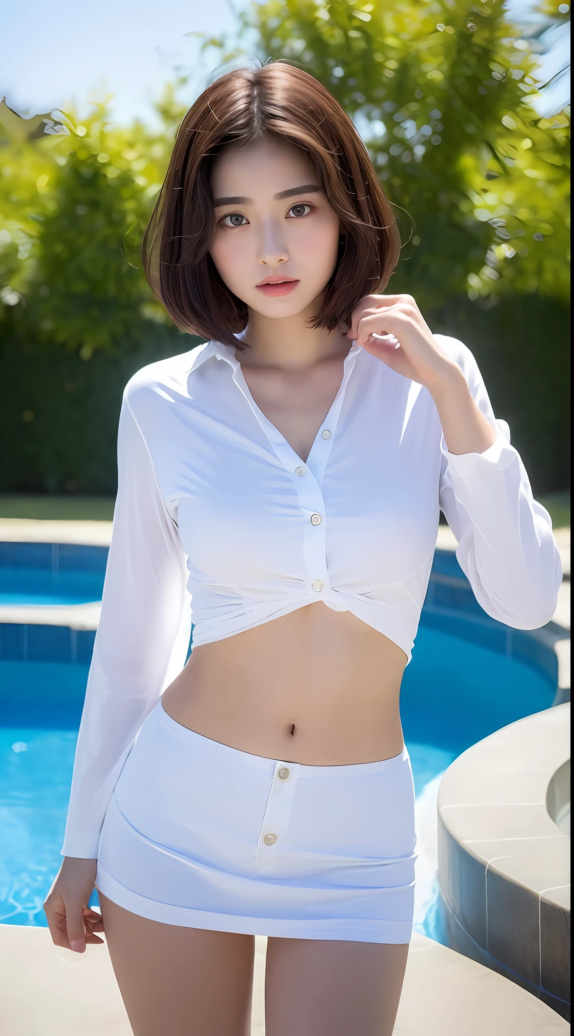 ((Top Quality, 8k, Masterpiece: 1.3)), Sharp Focus: 1.2, Perfect Body Shape: 1.4, Slim Abs: 1.2, ((Layered Haircut, Big: 1.2)), (White Long Shirt with White Buttons: 1.1), (Sunny, Pool: 1.2), Sexy Body: 1.5, Very Detailed Face and Skin Texture, Detailed Eyes, Similar to Suzu Hirose