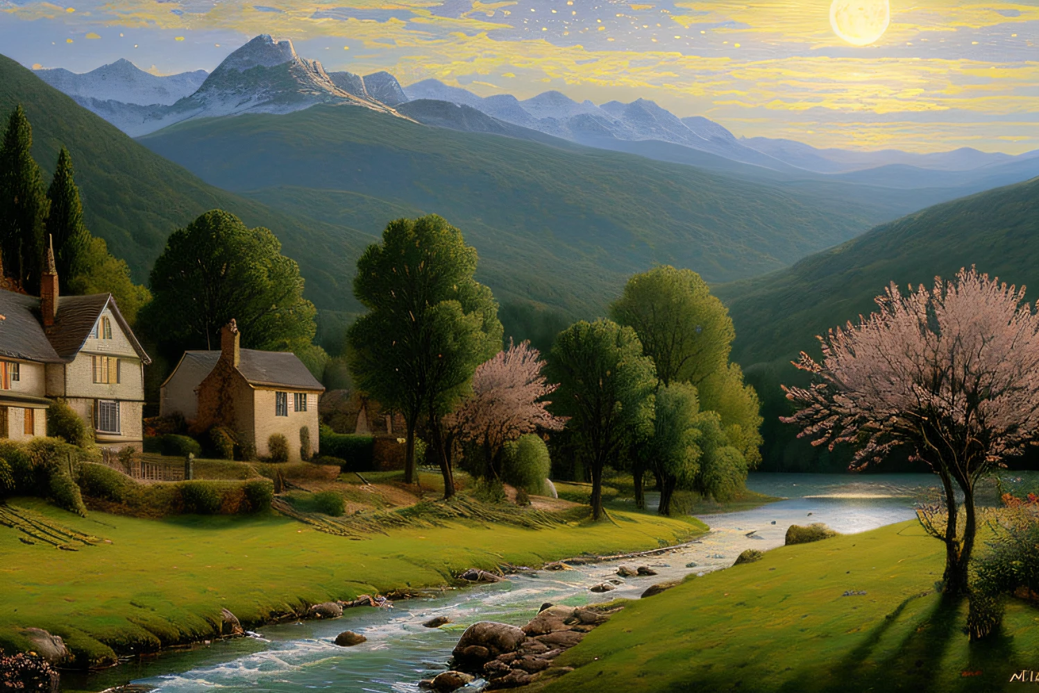 landscape, mountain, night, full moon, fir trees, stones, bright sun, starry sky, water, houses, (extremely detailed wallpaper CG unit 8k), most beautiful artwork in the world, professional majestic oil painting, complex, high detail, sharp focus, dramatic, photorealistic painting art, alma tadema style at night,