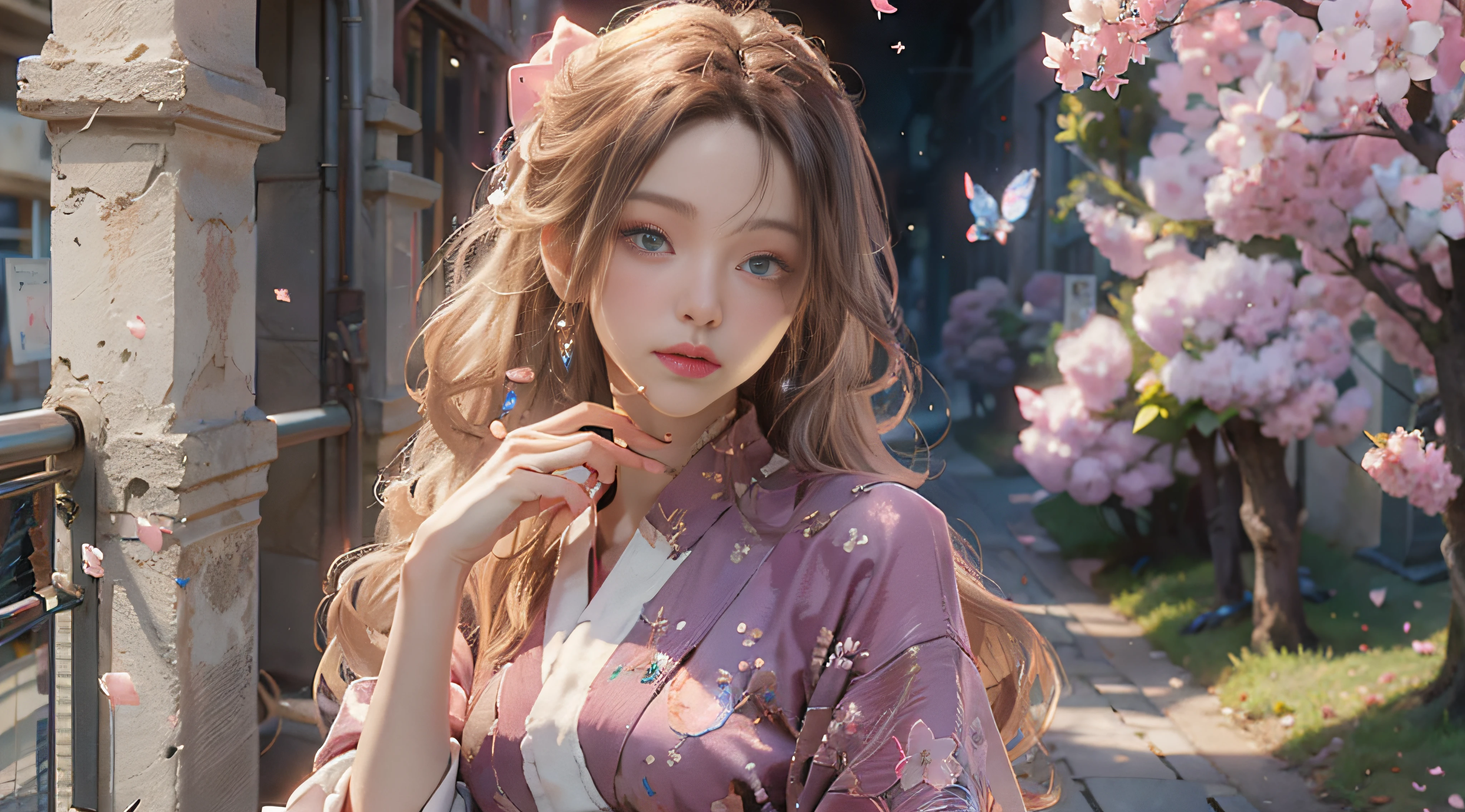 ((Best Quality)), ((Masterpiece)), (Detail: 1.4), 3D, Beautiful Cyberpunk Female Image, HDR (High Dynamic Range), Ray Tracing, NVIDIA RTX, Super Resolution, Unreal 5, Subsurface Scattering, PBR Texture, Post-Processing, Anisotropic Filtering, Depth of Field, Maximum Sharpness and Sharpness, Multi-layer Texture, Albedo and Highlight Mapping, Surface Coloring, Mitsu-Accurate Simulation of Material Interactions, Perfect Proportions, Octane Rendering, Two-color Light, Large Aperture, Low ISO, white balance, regular three-point, 8K RAW, beautiful bright pupils, flowing robe, fine pupils, delicate face and eyes, long eyelashes, blush, fluffy hair, pink lips, pure, cute, sweet girl, cherry blossom petals falling, butterflies, casual wear, high-end sense