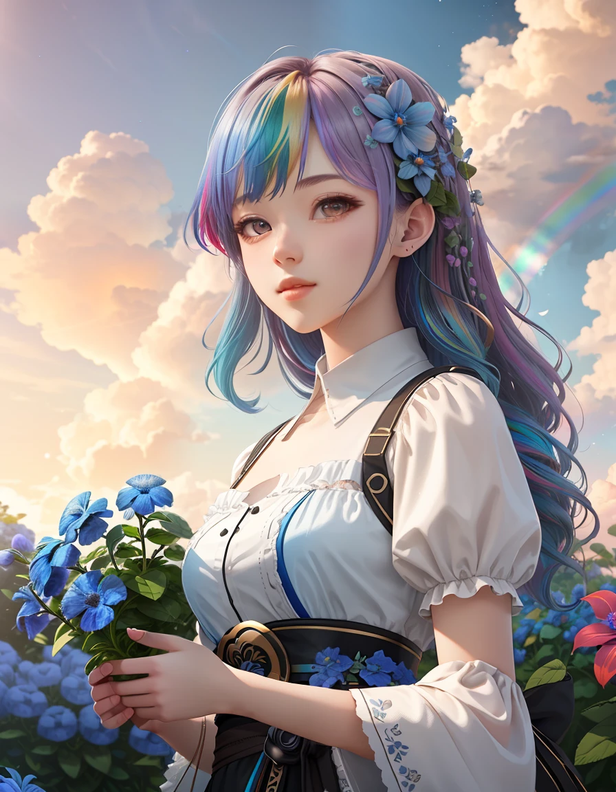looking at viewer, 
Rackflower, blue flower, chibi, 1girl, rainbow color hair, cloud, (colorfull sky:1.2), in garden, bokeh background,, masterpiece,ultra realistic,32k,extremely detailed CG unity 8k wallpaper, best quality