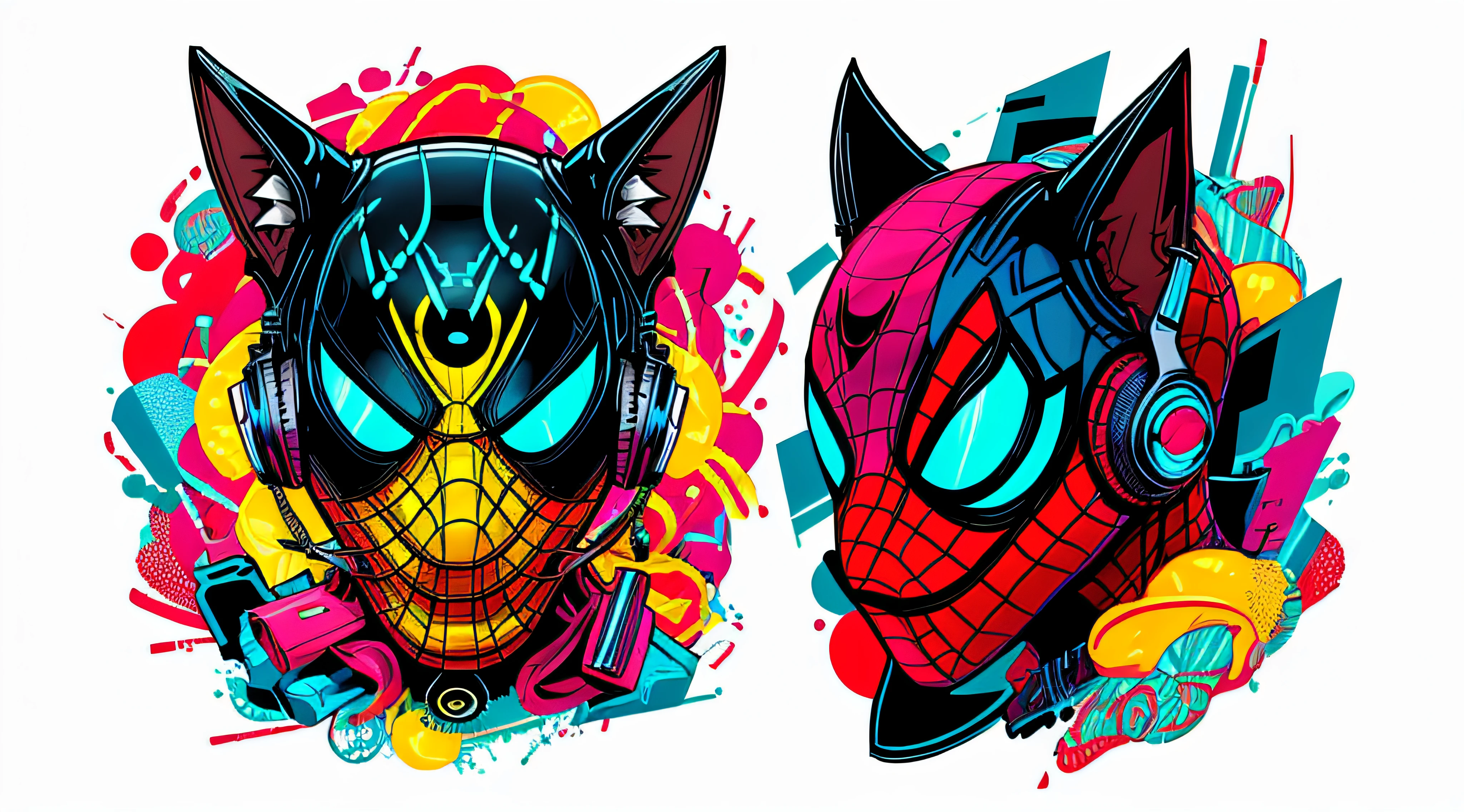centered, isometric, vector t-shirt art ready to print highly detailed colourful graffiti illustration of jackal, wearing headphones, face is covered by highly detailed damaged spiderman mask, vibrant color, high detail --auto