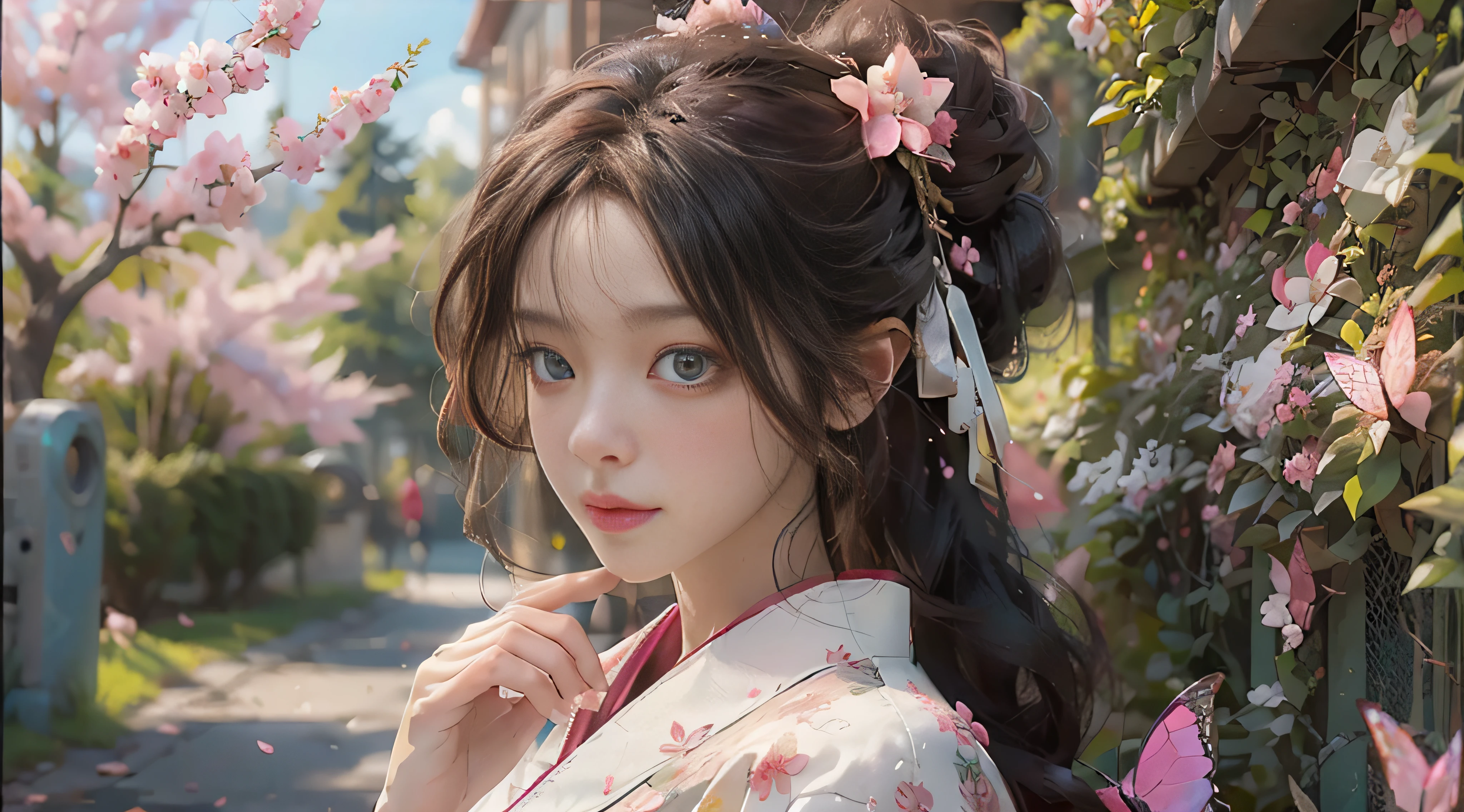 ((Best Quality)), ((Masterpiece)), (Detail: 1.4), 3D, Beautiful Cyberpunk Female Image, HDR (High Dynamic Range), Ray Tracing, NVIDIA RTX, Super Resolution, Unreal 5, Subsurface Scattering, PBR Texture, Post-Processing, Anisotropic Filtering, Depth of Field, Maximum Sharpness and Sharpness, Multi-layer Texture, Albedo and Highlight Mapping, Surface Coloring, Mitsu-Accurate Simulation of Material Interactions, Perfect Proportions, Octane Rendering, Two-color Light, Large Aperture, Low ISO, white balance, regular three-point, 8K RAW, beautiful bright pupils, flowing robe, fine pupils, delicate face and eyes, long eyelashes, blush, fluffy hair, pink lips, pure, cute, sweet girl, cherry blossom petals falling, butterflies, casual wear, high-end sense