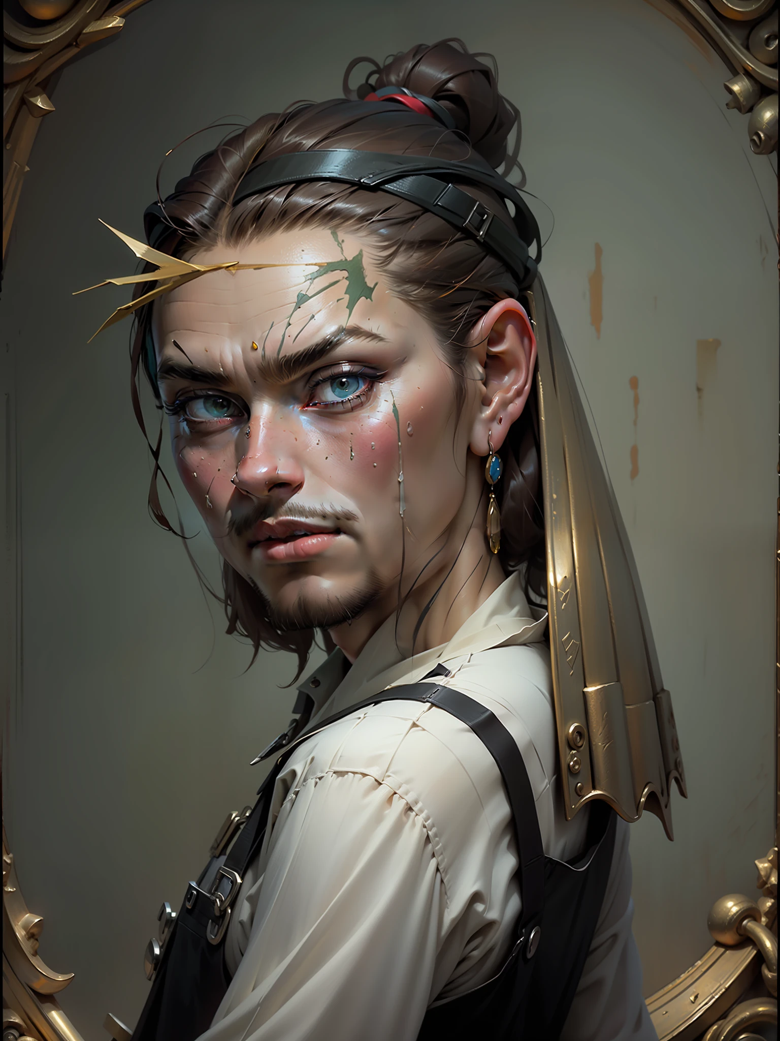 Masterpiece, highest quality, HD, 8k, strong man, oil painting by Johannes Vermeer, rich in detail, detailed facial features, earrings on ears.