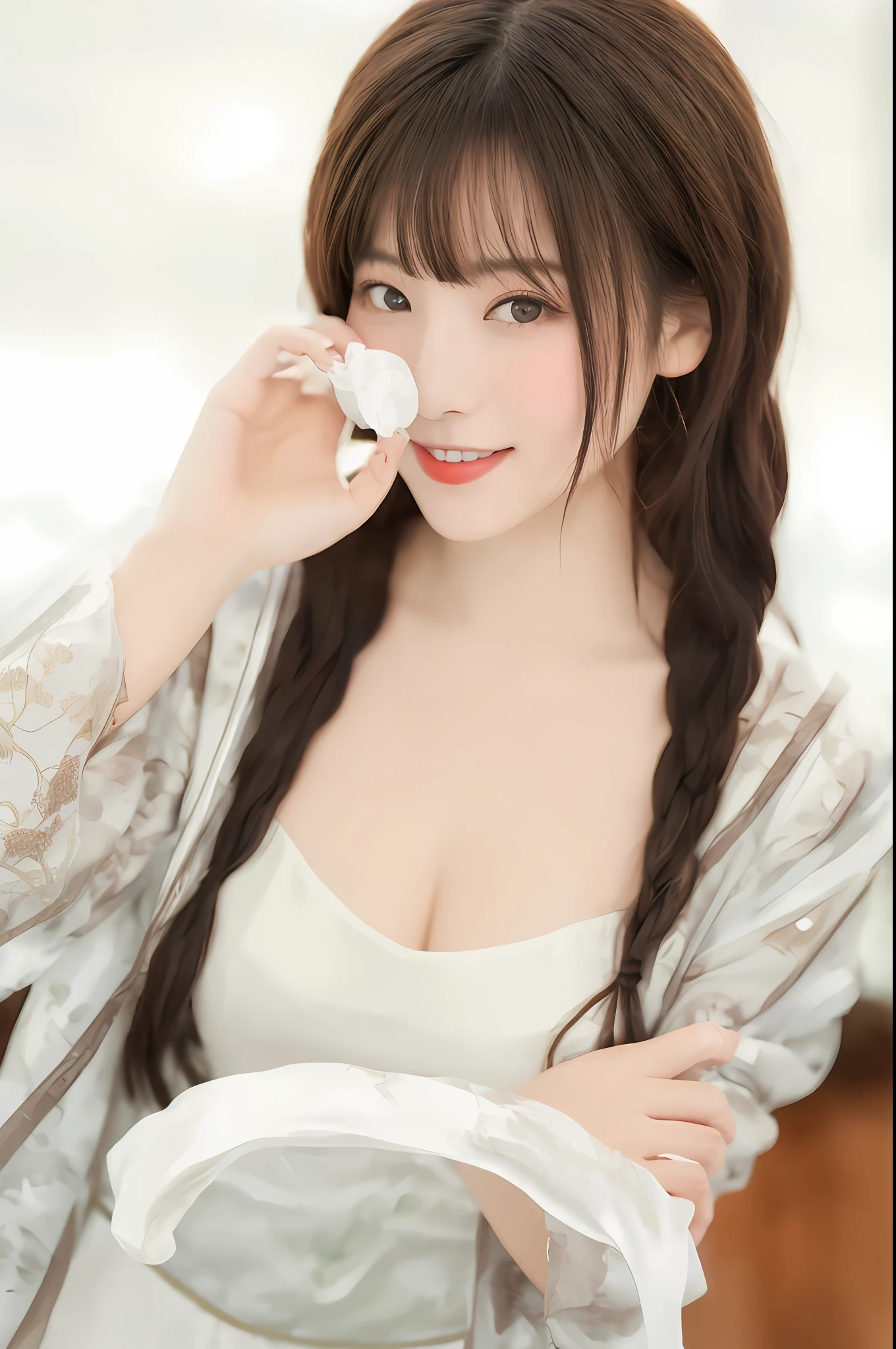 Best Quality, 8k, 32k, Masterpiece, UHD: 1.2), Big Boobs, Big Tits, 1 Woman, 22 years old, very beautiful slim legs, wearing silk clothes, very beautiful slender legs, light milky porcelain skin, seaside, milky skin, slender legs, beautiful slim legs, white clothes, pink clothes, silk clothes, under the shade tree, smile