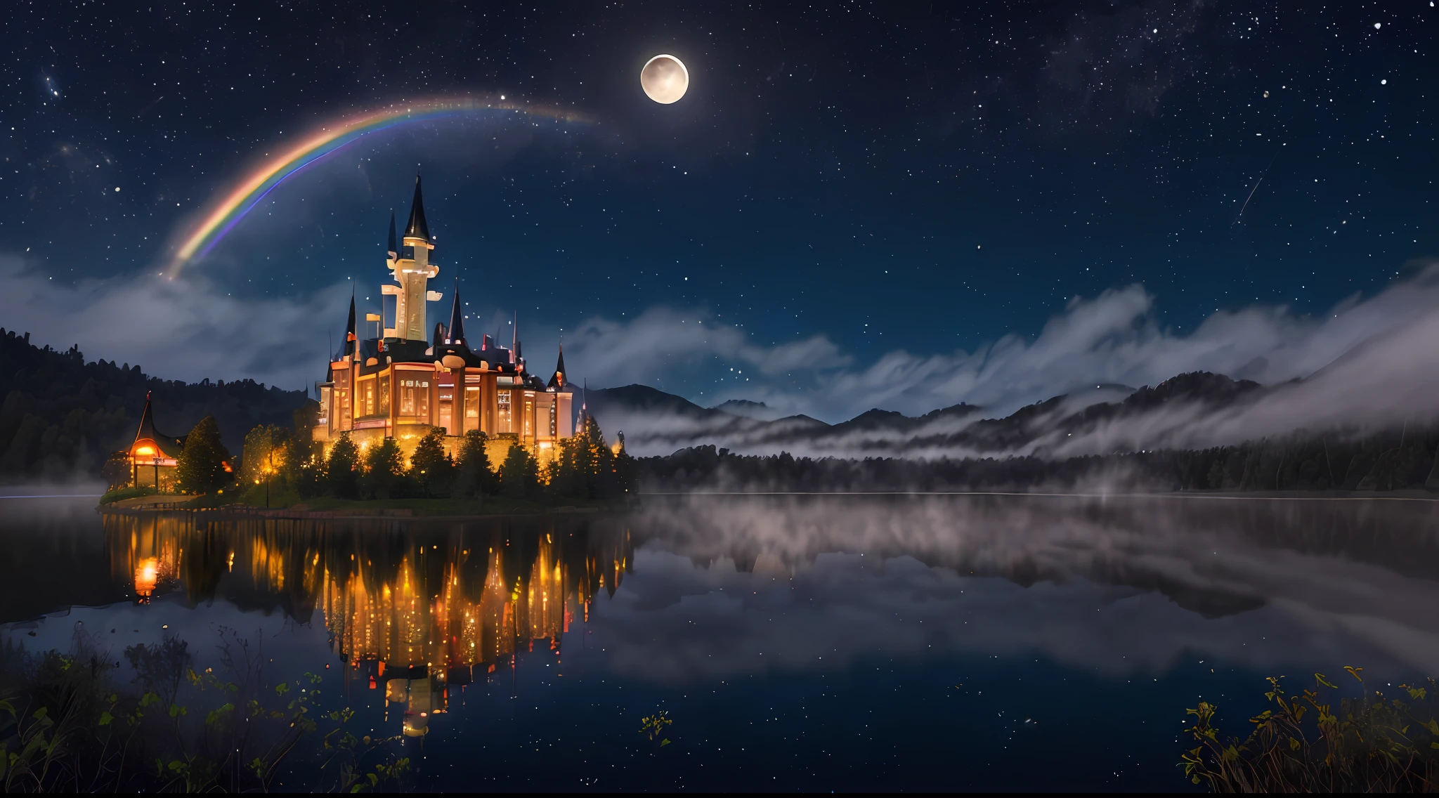 (((perfectly rendered magic castle)), artwork grade, particle rendering, ({vivid}saturated, ({rainbow} rainbow twinkle)), ({floating} levitation), ({in_the_lake} lake), ({night_camp} night view), extreme vista, (({moon} moonlight) shining), ({fog} foggy) ,真实光影效果高对比度,超清,8k,逼真,杰作 --v 6