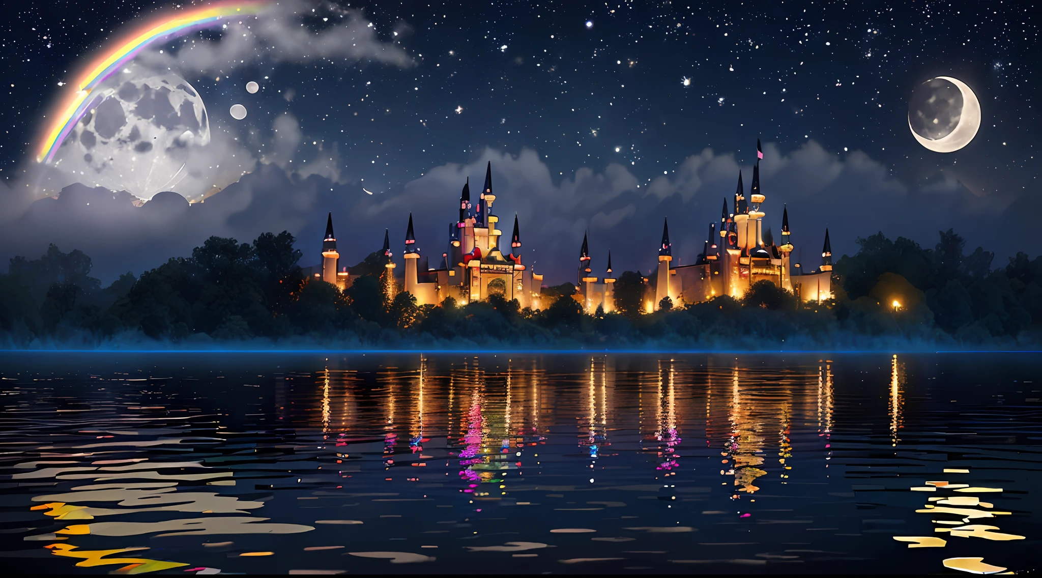 (((perfectly rendered magic castle)), artwork grade, particle rendering, ({vivid}saturated, ({rainbow} rainbow twinkle)), ({floating} levitation), ({in_the_lake} lake), ({night_camp} night view), extreme vista, (({moon} moonlight) shining), ({fog} foggy) ,真实光影效果高对比度,超清,8k,逼真,杰作 --v 6
