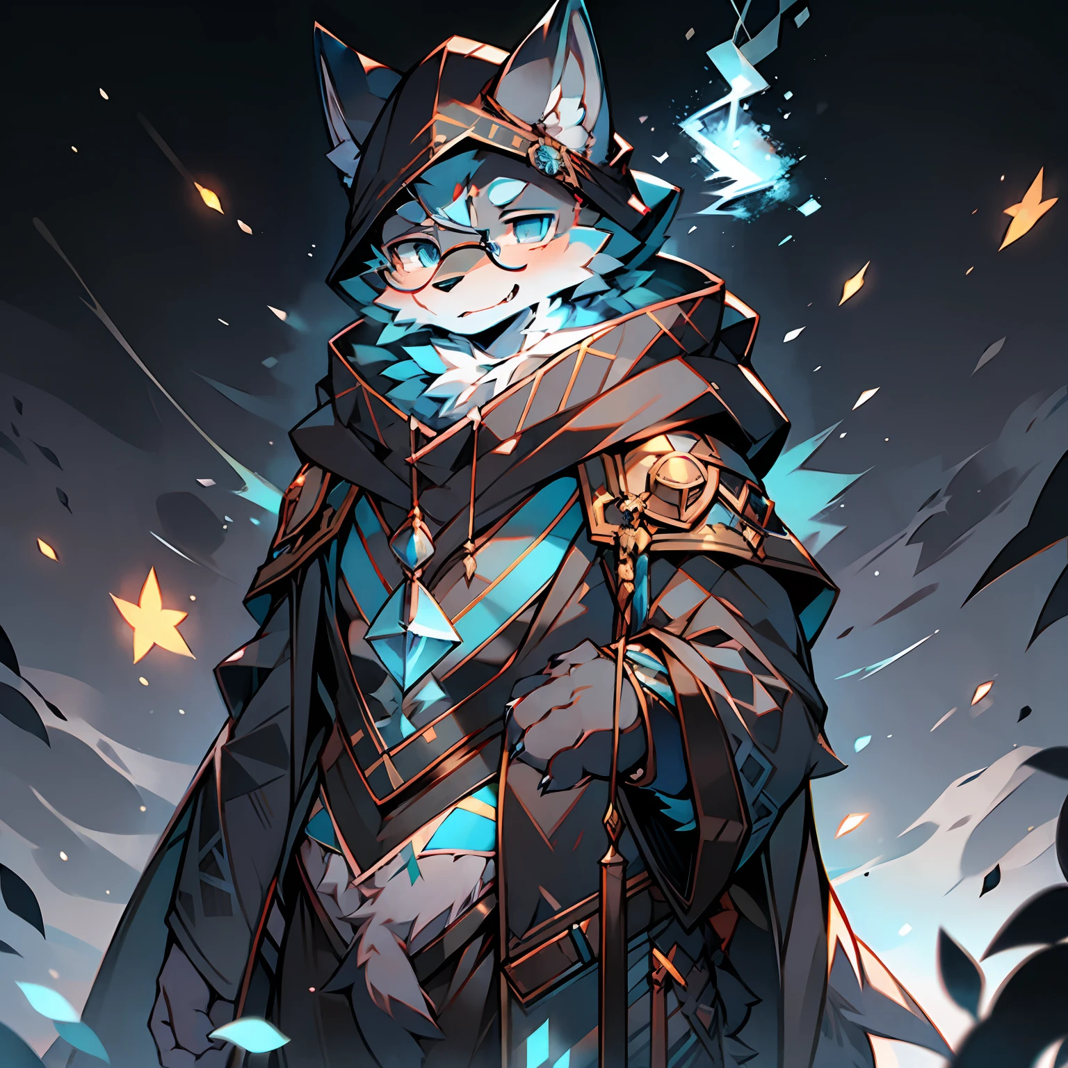 Single, furry male, furry, wolf, gray wolf, canine, dark fur, blue-black fur, blue eyes, glasses, blue runes, hood, mage, magic, black coat, short hair