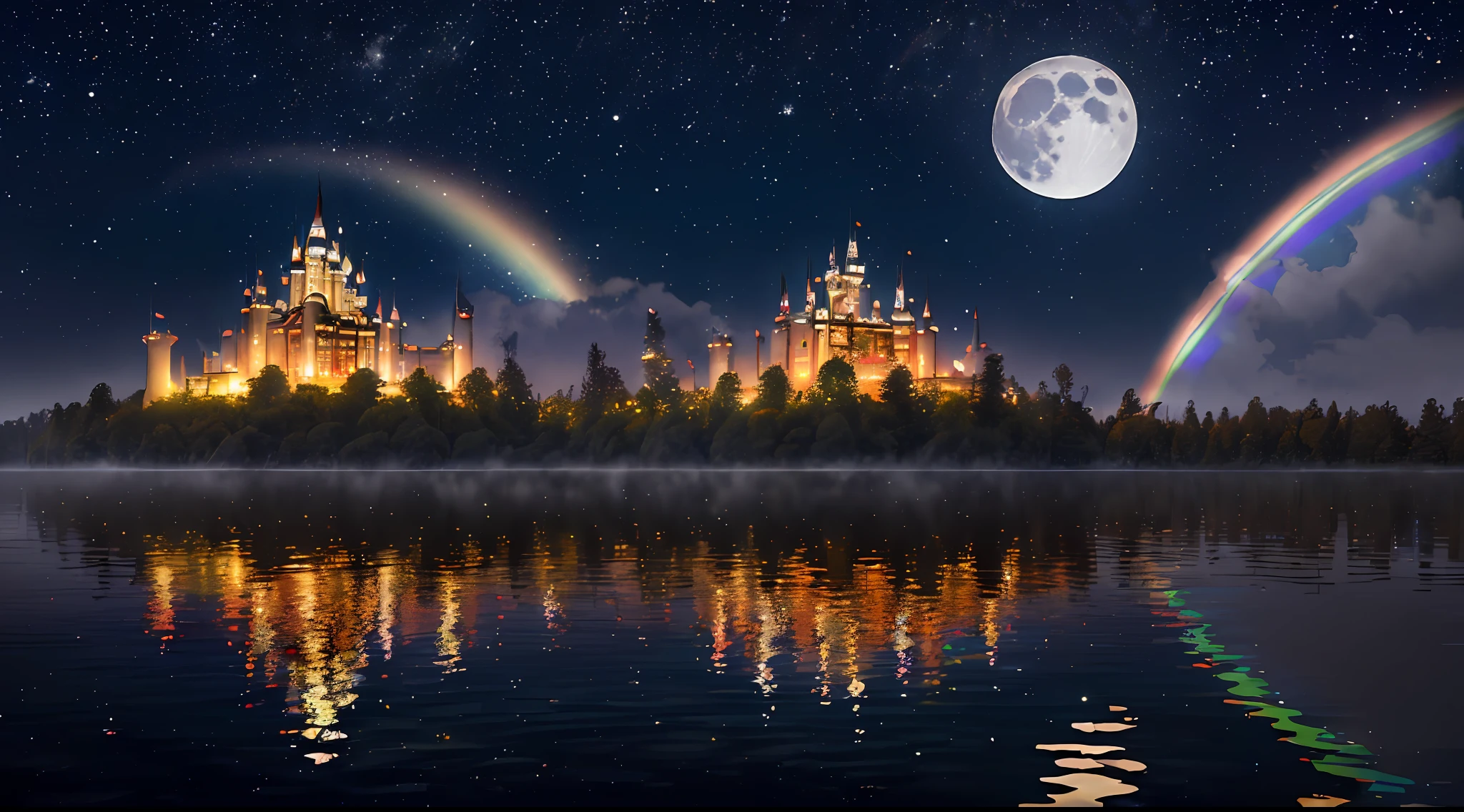 (((perfectly rendered magic castle)), artwork grade, particle rendering, ({vivid}saturated, ({rainbow} rainbow twinkle)), ({floating} levitation), ({in_the_lake} lake), ({night_camp} night view), extreme vista, (({moon} moonlight) shining), ({fog} foggy) ,真实光影效果高对比度,超清,8k,逼真,杰作 --v 6