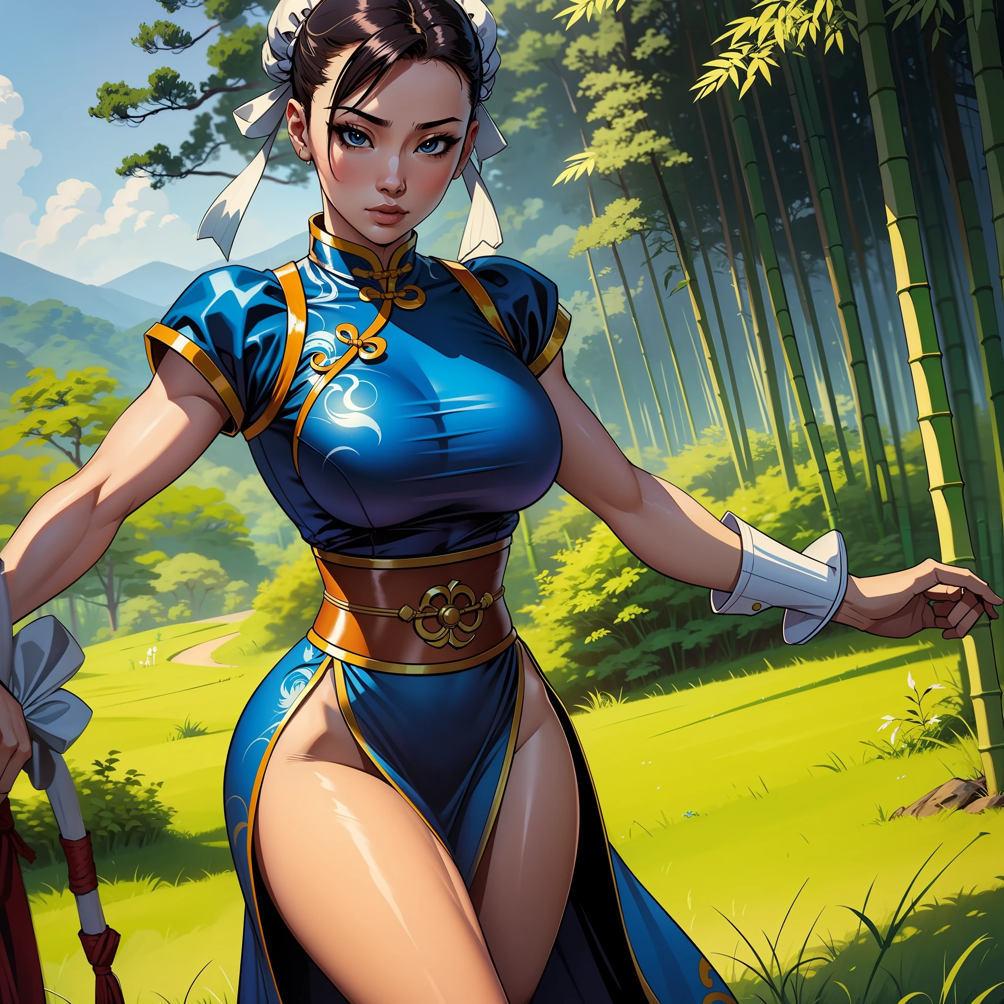 A woman, Chun-li, athletic body, bamboo forest in the background, blue Chinese dress
