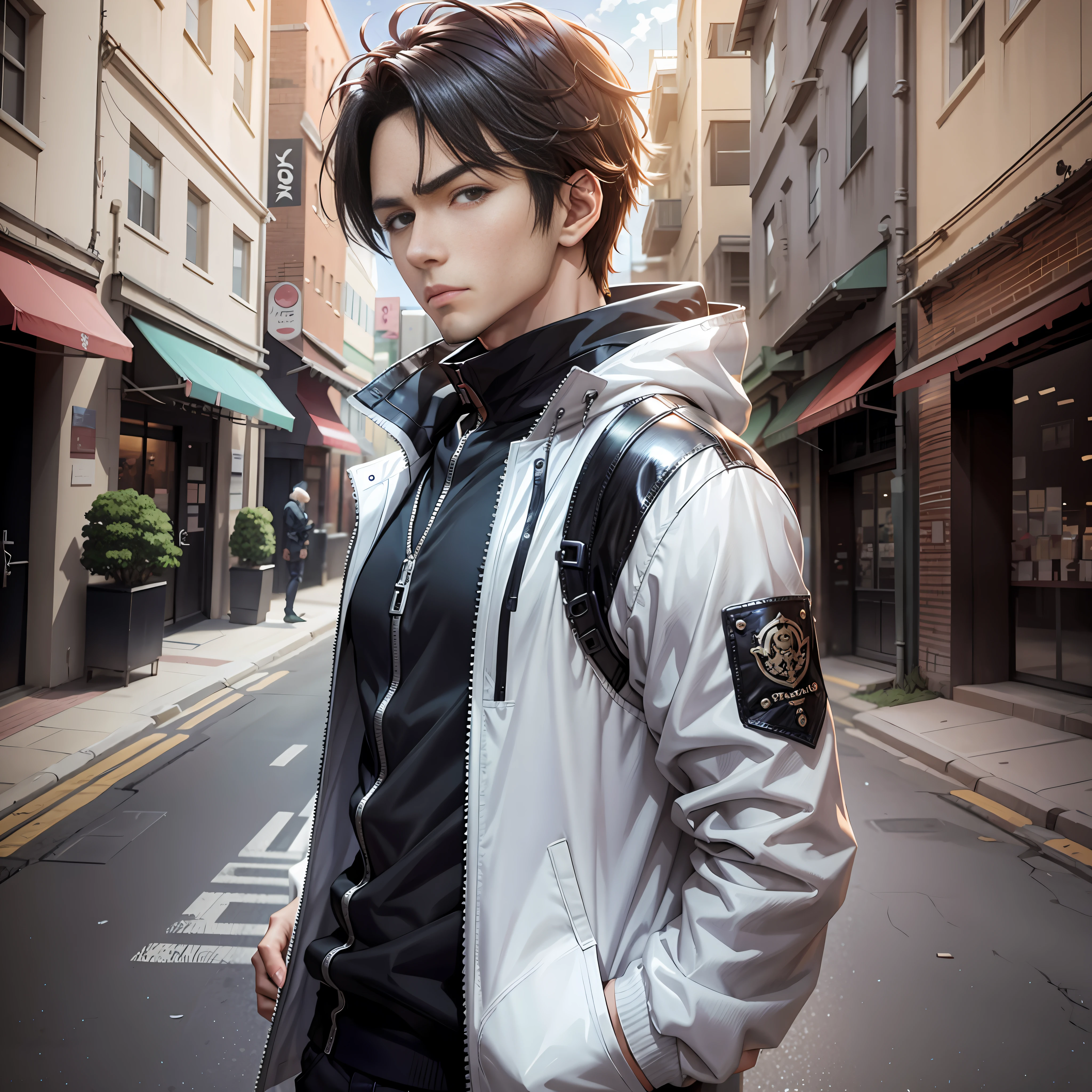 (Male anime portrait: 1.2), (Realistic 3D style: 1.1), (Anime realism style: 0.9), (Handsome: 1.2), (Anime pose: 1.1), (Urban environment: 1.1), (Smooth anime CG art: 1.1), (High quality: 1.1), (Badass: 0.9), (8K: 1.1), Young anime: 1.1.