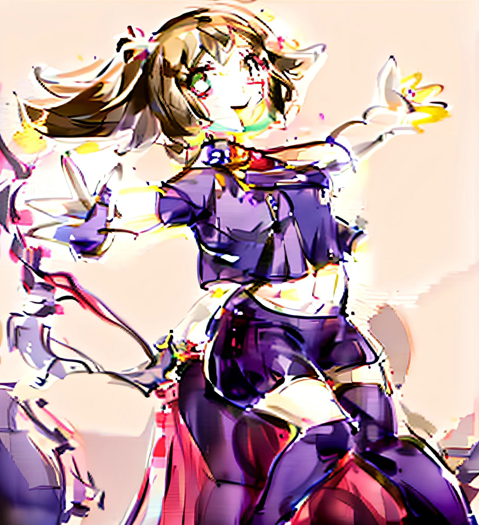 girl,acrobatic pose,dynamic pose,arm,leg,smile, ponytail,outstretched hands,navel, --auto