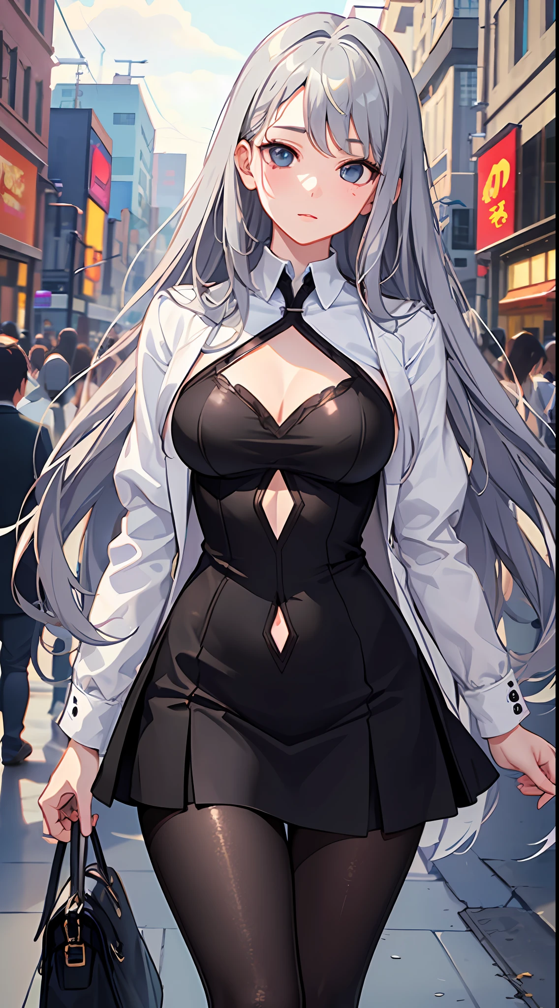 1girl, (fluffy silver long hair: 1.6), burgundy coat, white shirt, slender fade, black hip skirt, with black transparent pantyhose, black and red high black shoes, mature and beautiful, rich people, on the city street, walking towards the audience, showing a delicate and slender body and graceful curves, correct and reasonable limbs, ultra-detailed CG, delicate facial features, clear facial expressions, detailed digital animation art, digital animation art, high-quality animation art style