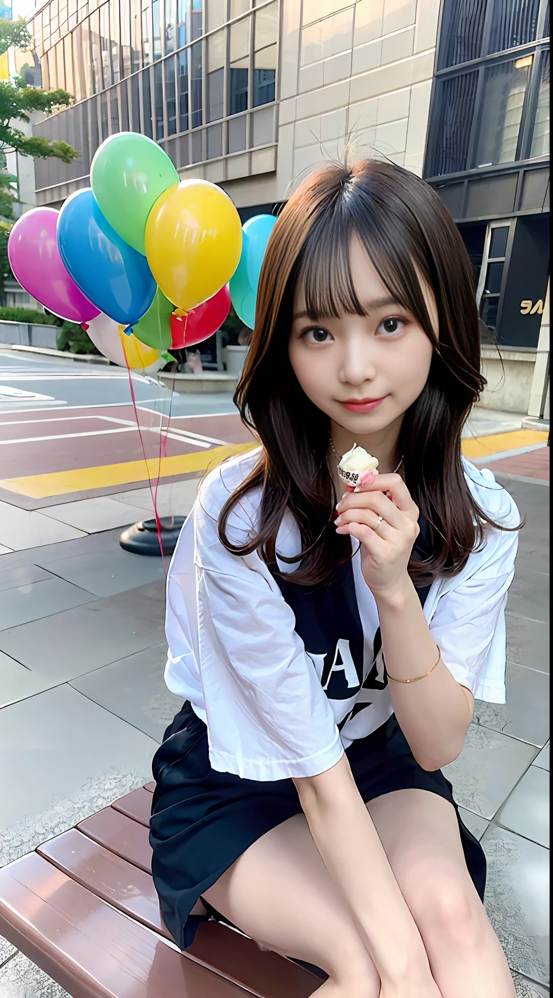 araffe sitting on a bench with balloons and ice cream, jaeyeon nam, editorial photography, shot with canon eoa 6 d mark ii, holding a balloon, official artwork, wenfei ye, shot on canon eos r 5, shot on canon eos r5, taken with canon eos 5 d mark iv, taejune kim, inspired by Yanjun Cheng