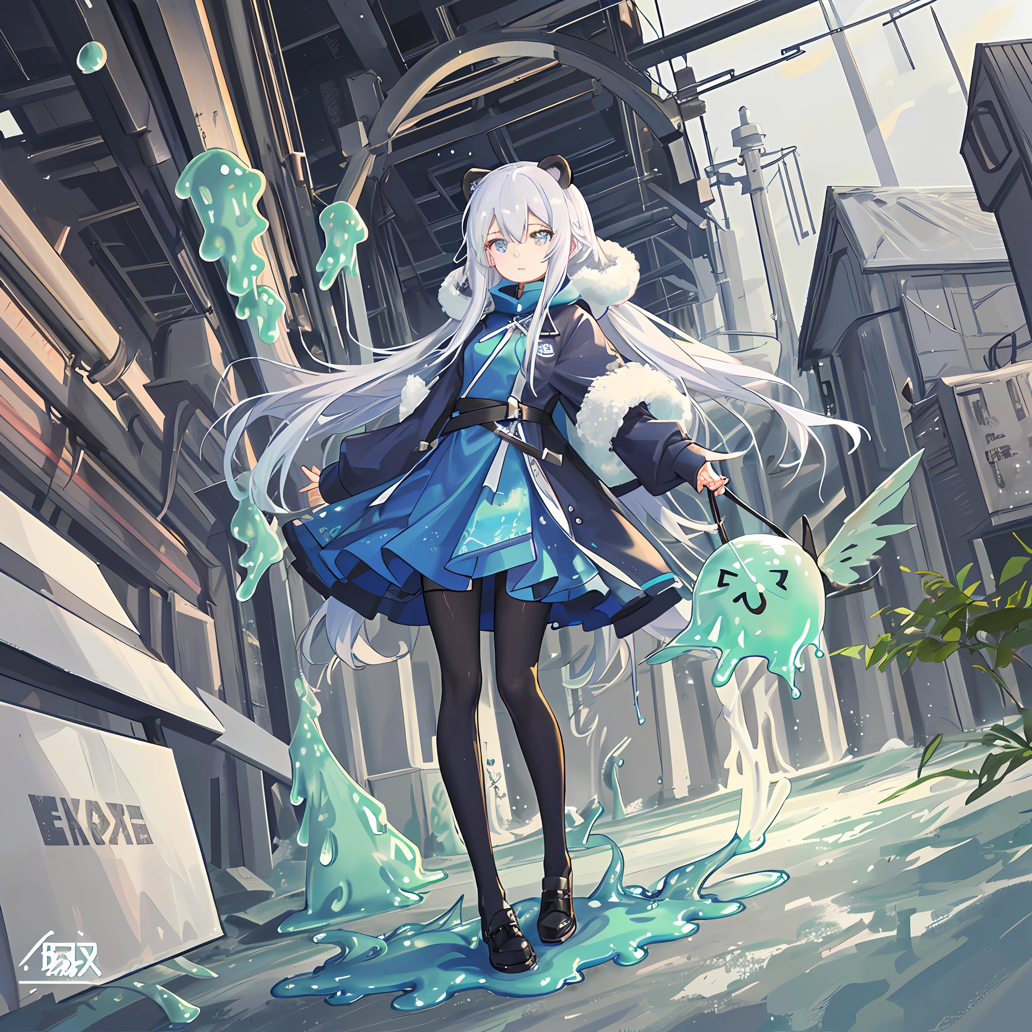 (sticky mellow slime musume:1.5), (sticky mellow slime musume:1.5), liquid, masterpiece, best quality ,many wet,((solo)), young girl ,(melt girl), cropped torso upper body , colored skin, monster girl, (fringe:1.2), (bangs:1.35) , shiny hair, solo,full body,from below,foot focus,Levitation,rope levitation,arm up,hads over head,bound wrists,chibi,loli,blue winter clothes,cat ear,white hair,pink eye,standing,puffy sleeves,fur-trimmed sleeves,white pantyhose pull,long hair,panda Hooded cloak,