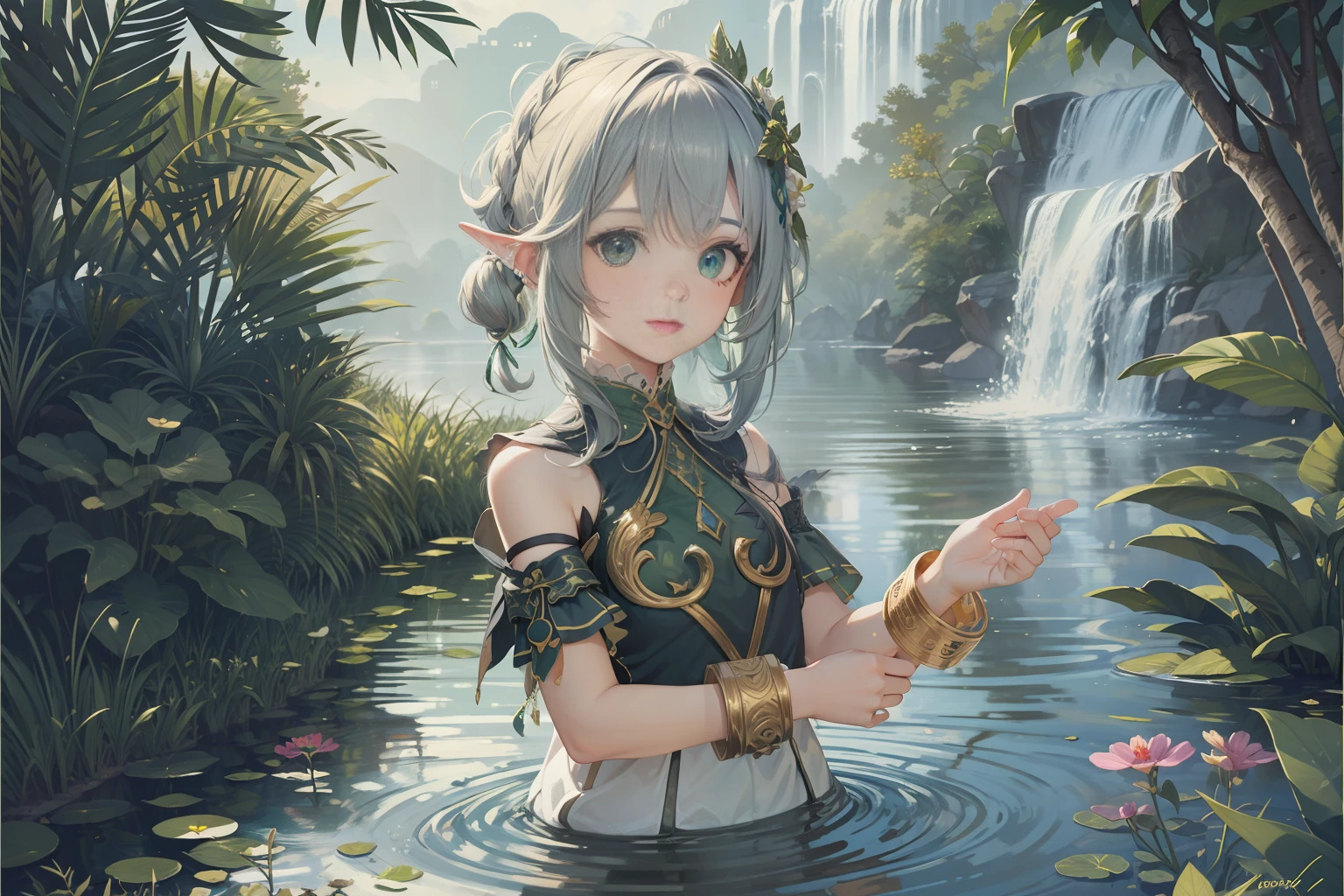 newest,exceptional,masterpiece,wdgoodprompt,bestquality,natural light,1girl, solo, super fine illustration, an extremely delicate and beautiful, best quality, fifteen years old, green hair, emerald green skin, long hair, fantasy world, slave attire, gray clothing, photosynthetic ability, upper body close-up, basking in light.