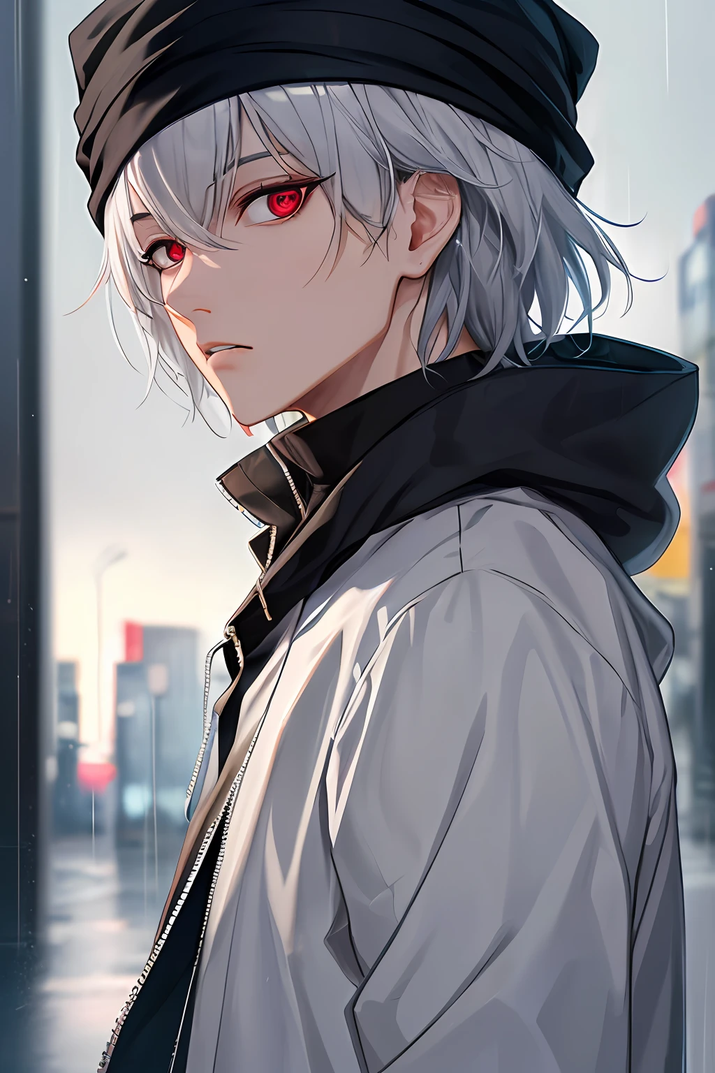 kk, best quality, more details, mastery, 1boy, kaneki ken, portrait, male focus, red eyes, solo, bangs, looking at viewer, hood, short hair, rain, tokyo tokyo \(city\), turban, nail polish , gray hair, luxury, 8k, detail, ray tracing, depth of field, movie lighting,