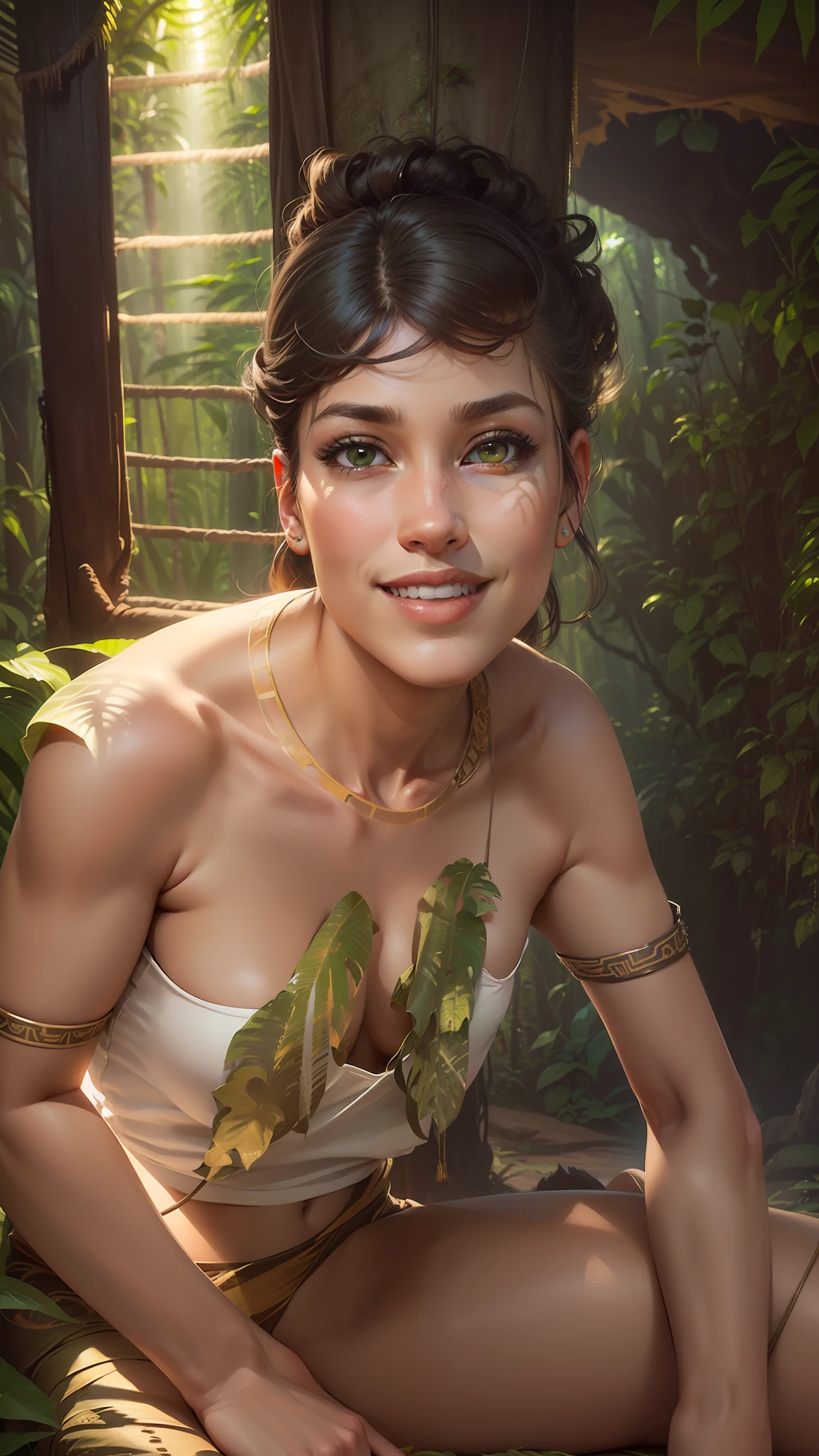 (smirk) (((Front Facing View))), (full body), (Highly Detailed), Beautiful, Stunning, (Portrait:1.2), Character, (latinos) feminine features, (adult), figure, mischievous expression, ((tan)) skin, green eyes, Wavy (hot) hair, ((smirk)), smile, confident, (self-assurance), ((Symmetrical Detailed Eyes)), (soft light:1.5), glow sun effect, (deep jungle atmosphere:1.6)