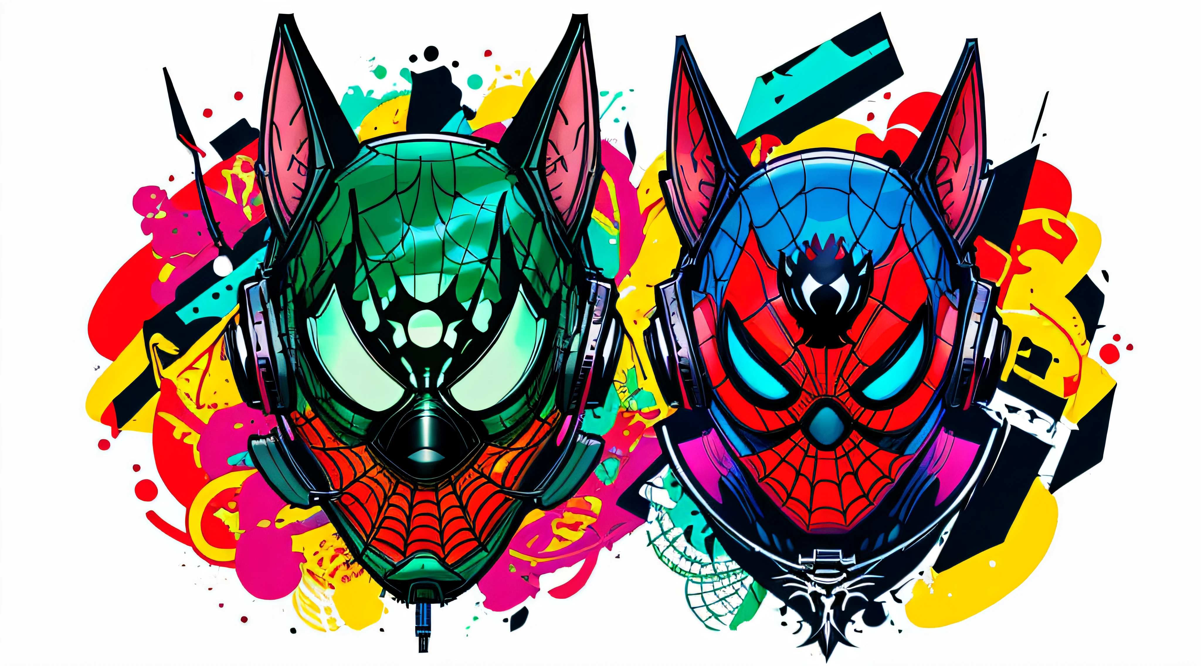 centered, isometric, vector t-shirt art ready to print highly detailed colourful graffiti illustration of jackal, wearing headphones, face is covered by highly detailed damaged spiderman mask, vibrant color, high detail --auto