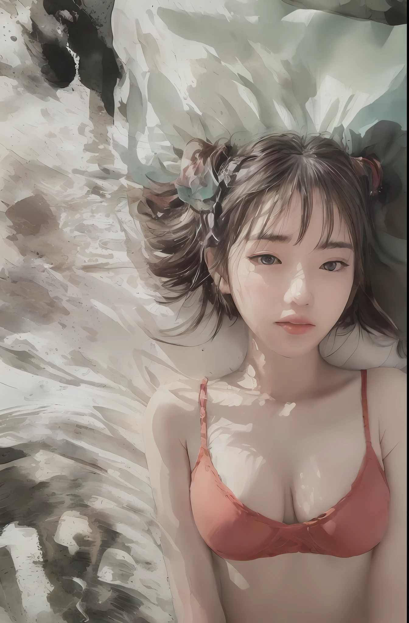 (Masterpiece, Real: 1.4), (Very Complex: 1.2), (Upper Body: 1.2), (From the front: 1.3), Dressed only in silk bright orange underwear (color is orange, high-end underwear that fits the body, purchased pants that fit the body), one shoulder strap of the bra is removed and rests on the arm, one of the legs is bent (knee is bent), the hand is holding the pillow, the hair (black hair, Quite long and simple hair fastening), modest chest, hotel, looking at the viewer, the expression is a little embarrassed, Japan about 21 years old, cute makeup, idol-like face, large eyes (double, false eyelashes), body shape is slender (about 143 cm tall, slender with a thin figure), head tilted, lying on the bed of elegant white sheets of the hotel (on his back), 1 girl (about 21 years old), Solo, Ultra High Definition, 8K UHD, Perfect Anatomy, Exquisitely Detailed Skin, Best Shadows, Delicate, High Resolution