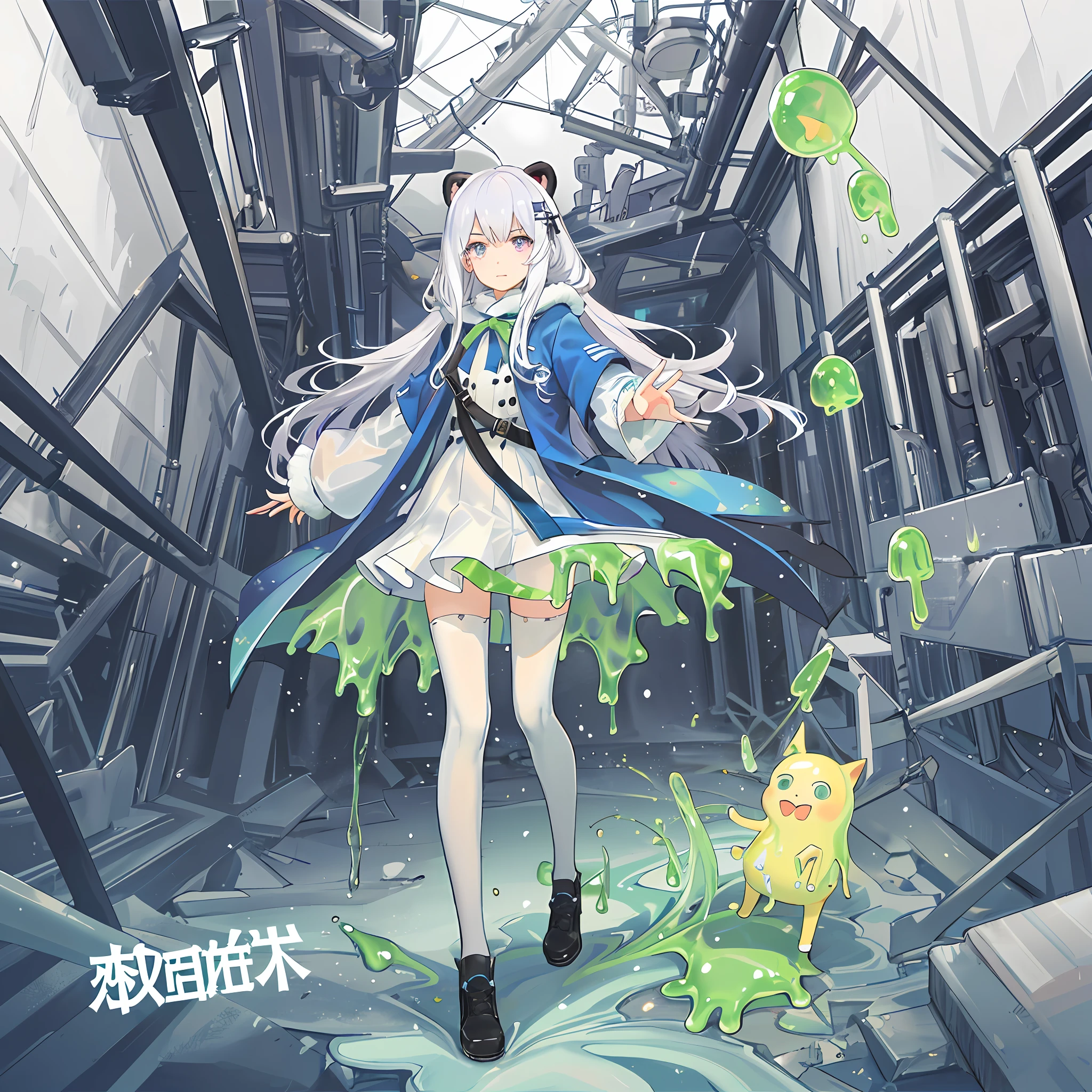 (sticky mellow slime musume:1.5), (sticky mellow slime musume:1.5), liquid, masterpiece, best quality ,many wet,((solo)), young girl ,(melt girl), cropped torso upper body , colored skin, monster girl, (fringe:1.2), (bangs:1.35) , shiny hair, solo,full body,from below,foot focus,Levitation,rope levitation,arm up,hads over head,bound wrists,chibi,loli,blue winter clothes,cat ear,white hair,pink eye,standing,puffy sleeves,fur-trimmed sleeves,white pantyhose pull,long hair,panda Hooded cloak,