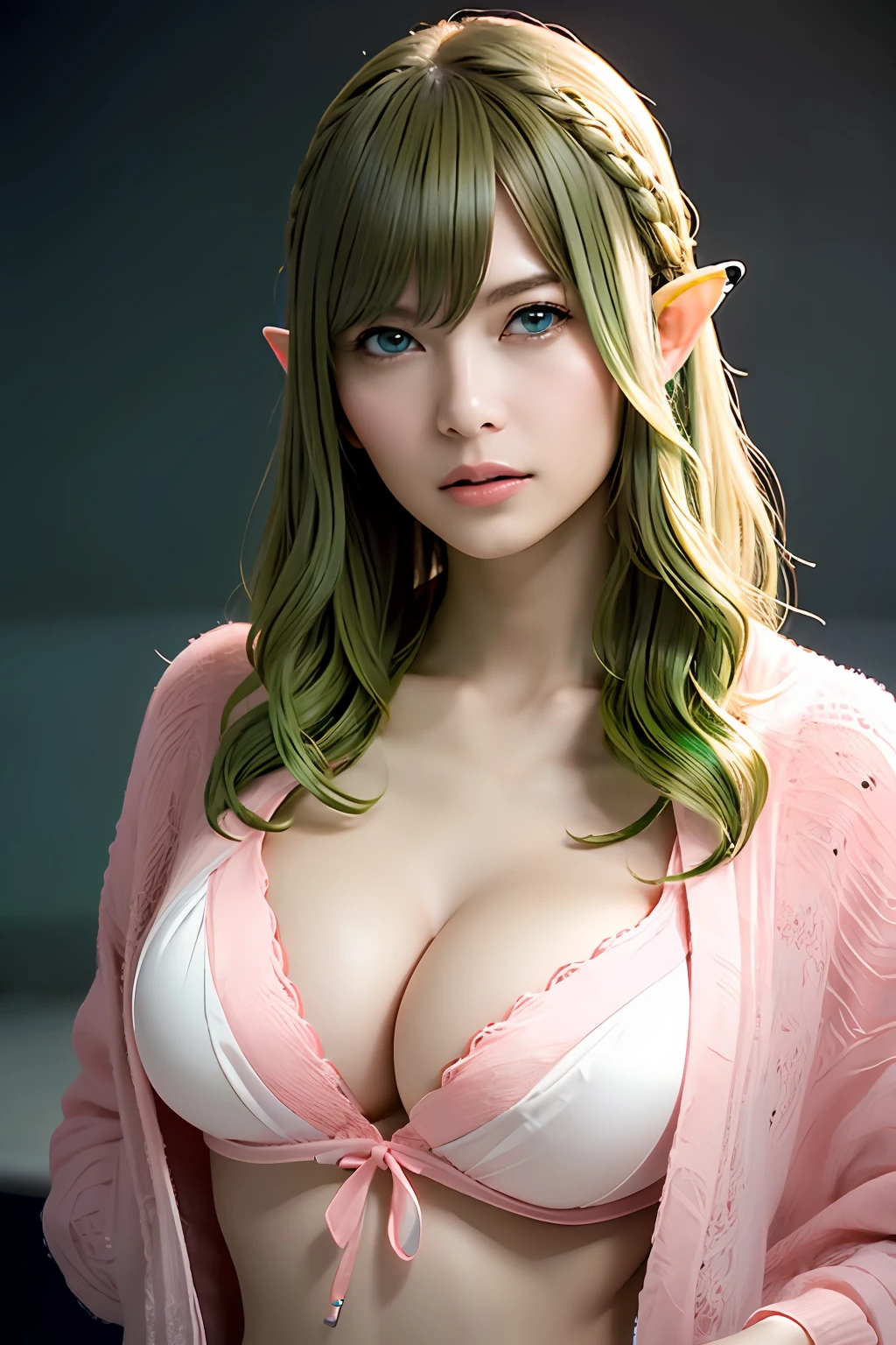 Super detailed complex 3D rendering of face, (big breasts: 8.8), (masterpiece, top quality, octane rendering,), glamour shots full body image, very beautiful young elf, cleavage, (very detailed skin: 1.2), (exposure: 1.1), cute woman getting naked. ((wearing a plummeting open shirt of white silk: 1.9, 40k, (((very soft breasts)), ((conspicuous large pink areola)). (No bra)))), beautiful Caucasian woman with full soft breasts and dark skin, one, long braided hair, big breasts, dynamic angle, mystical expression, ultra-realistic photos, ((((portrait)))), bare feet, futuristic urban background, facial muscles, detailed and beautiful gold crown, in the style of Marvel Comics, ArtStation Trends, Clear Focus, Studio Photography, Intricate Detail, Very Detailed, Detailed Blue Eyes, Very Detailed, Sharp Focus, Digital Rendering, Professional, Abs, Dark Grey Background, (((Yellow-Green Hair)), Crotch, Barefoot, ((Sexy Pose)))),