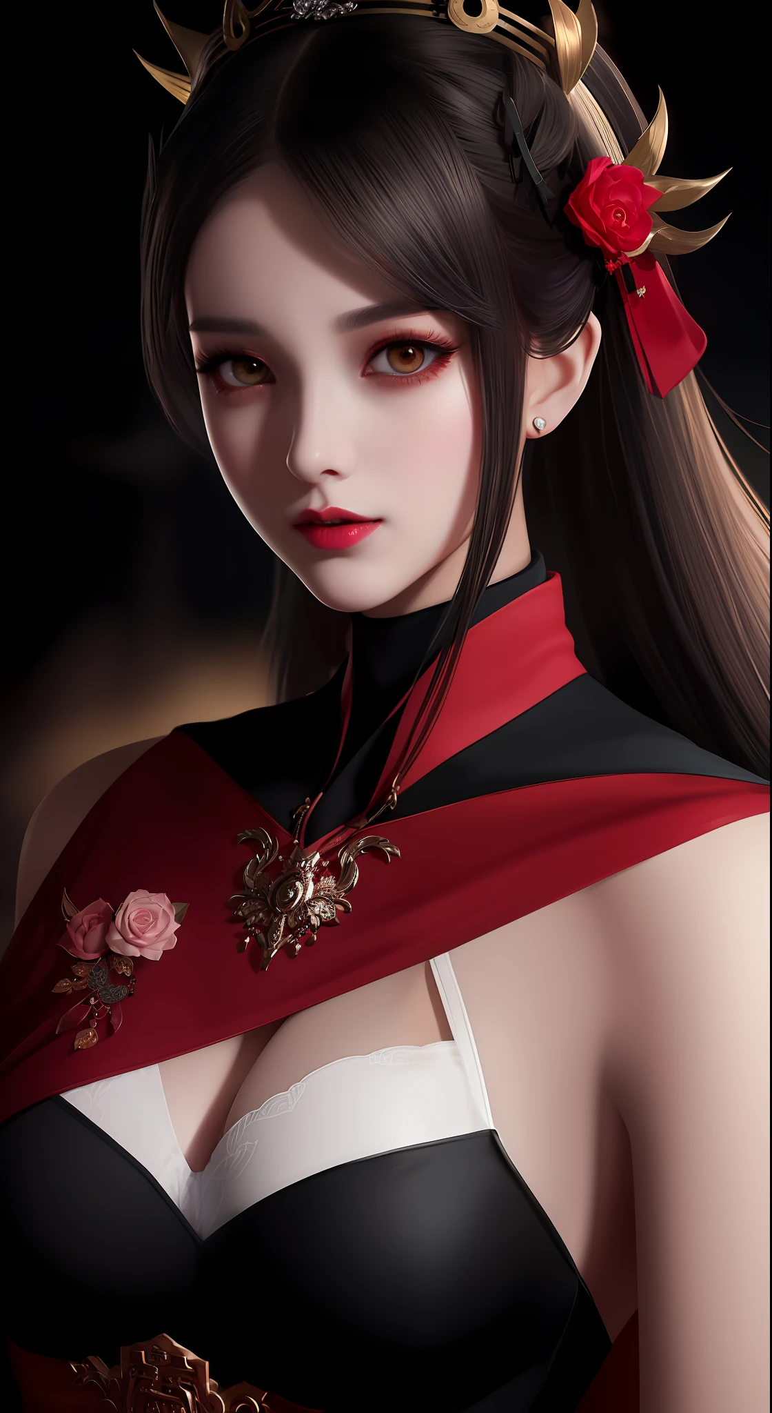 best quality, masterpiece, highres, 1girl, hanfu, white and even teeth, chinese underwear, hair ornaments, necklace, jewelry, crown jewelry. Pretty face, upper body, magic import style, tyndall effect, photorealistic, dark studio, border light, two tone light, (high detail skin: 1.2), 8k uhd, dslr, soft light, high quality, volumetric light, candid, Photo, high resolution, 4k, 8k, Bokeh, (light pink lips), 1 beautiful demon from hell, In the Dark: 1.6), surreal female portraits by David Hockney and Alphonse Mucha, fantasy art, photorealism, dynamic lighting, station art, posters, volumetric lighting, highly detailed faces, super 8k, Awarded, in the dark, deep shadow, low light, cowboy lens, (Red phoenix dress: 1.4), long hair, black hair, bust, palace luxury, Royal style, crown devil, red eyes with very sharp and detailed makeup, Best face, Very big and round and round breasts, Surreal, chinese women's clothes, turtleneck polo shirt, charming smile, Beautiful eyes makeup, guweiz, devil style, black mesh stockings, ponytail with a bow at the back, dark red lips, Devil tattoo on shoulder, wearing a thin red and black shirt , cape, overcast and thundering landscape, (Portrait), Protagonist Close-up, (Background detail 1.8),
