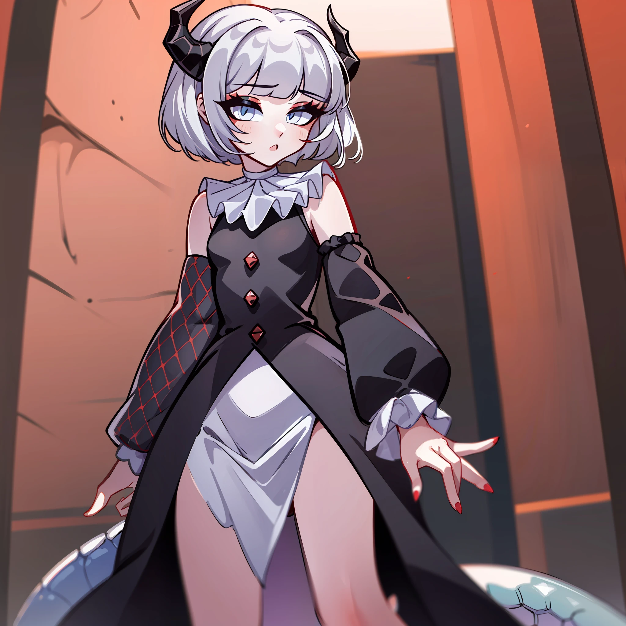 (Best quality: 1.0), (super high res: 1.0), extremely detailed character, detailed Hands, half-dragon girl, horns, scales on the neck, scales on the shoulders, scales on the forearm, scales on the cheek, girl with dragon's tail, extremely detailed hair, short hair, ((white hair)), ((black locks)), extremely detailed eyes, eye with different colors, white right eye and the left being black,  dragon eyes, 2d, anime art, (()), ((full body)), standing, medieval, rpg, small, cute,