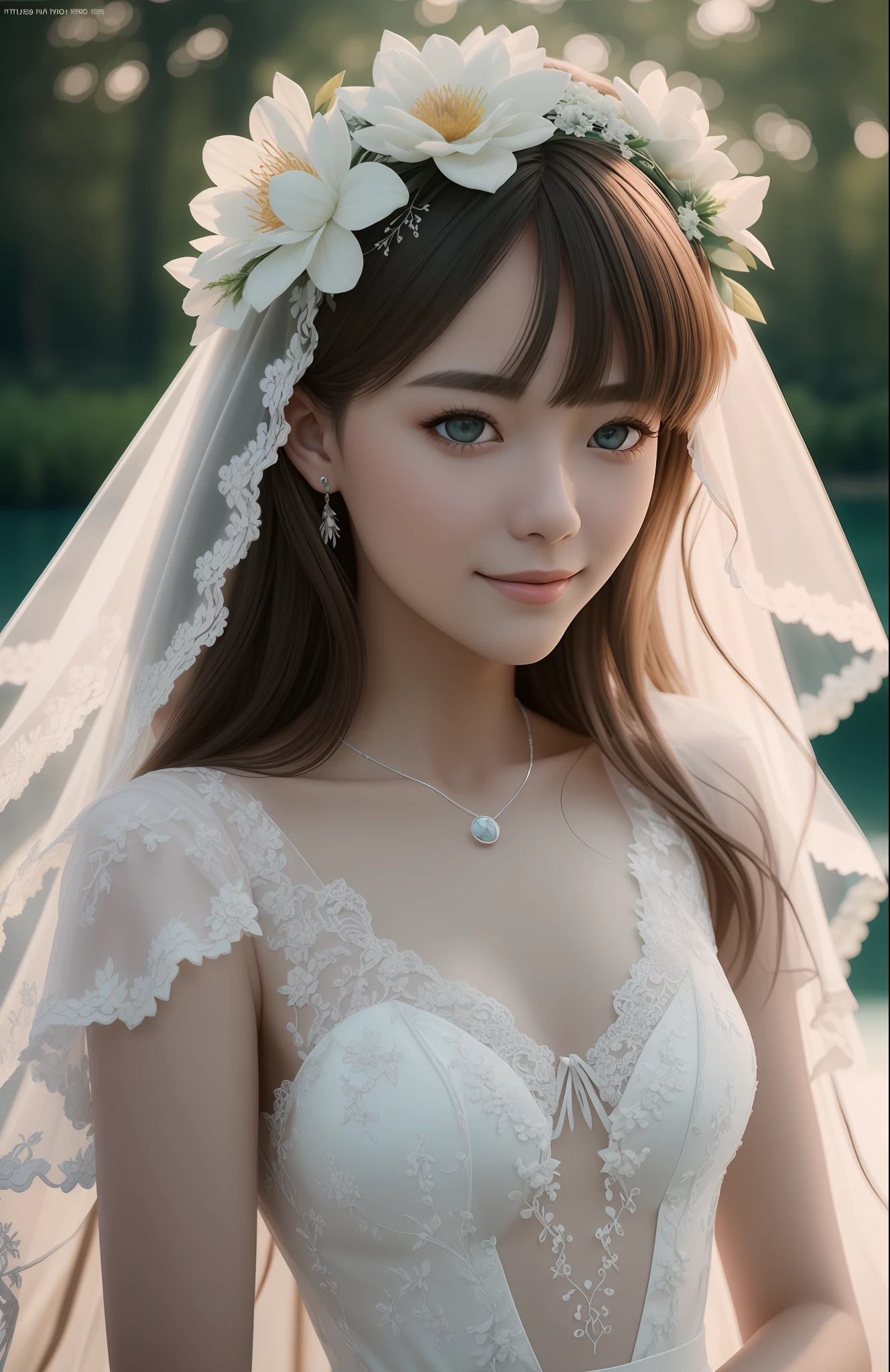 Masterpiece, highest quality, solo focus, complex
(High detail: 1.1) (Perfect face: 1.1) white wedding dress, pretty Japan woman, smiling, lace, veil, fantasy, white flowers on head, mysterious lake,
Viking origin, shining eyes, full body, Lee Jeff
Leeds Nikon D850 Film Stock Photo 4 |
Kodak Portra 400 Camera F1.6 Lens
Rich colors Ultra realistic
Realistic textures Dramatic lighting
Unreal Engine
Trending at Art Station CineStill
800 --auto