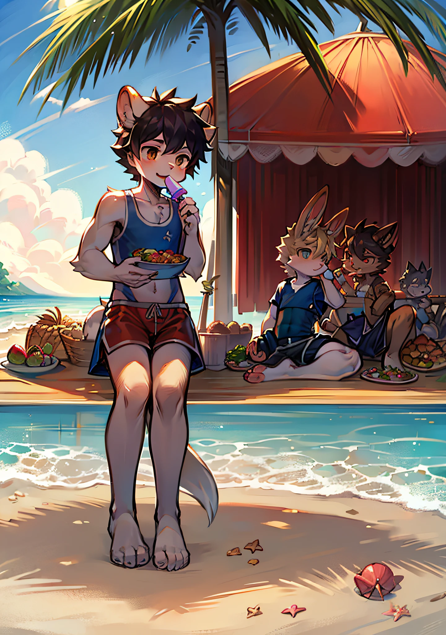 Masterpiece, highest quality beach, warm sun, waves, soft light, coconut trees, picnic cloth, umbrella, hearty food, shells, furry boy, bunny boy, cub, beast type, rabbit, short hair, rabbit ears, rabbit tail, swim trunks swimsuit, eat popsicles