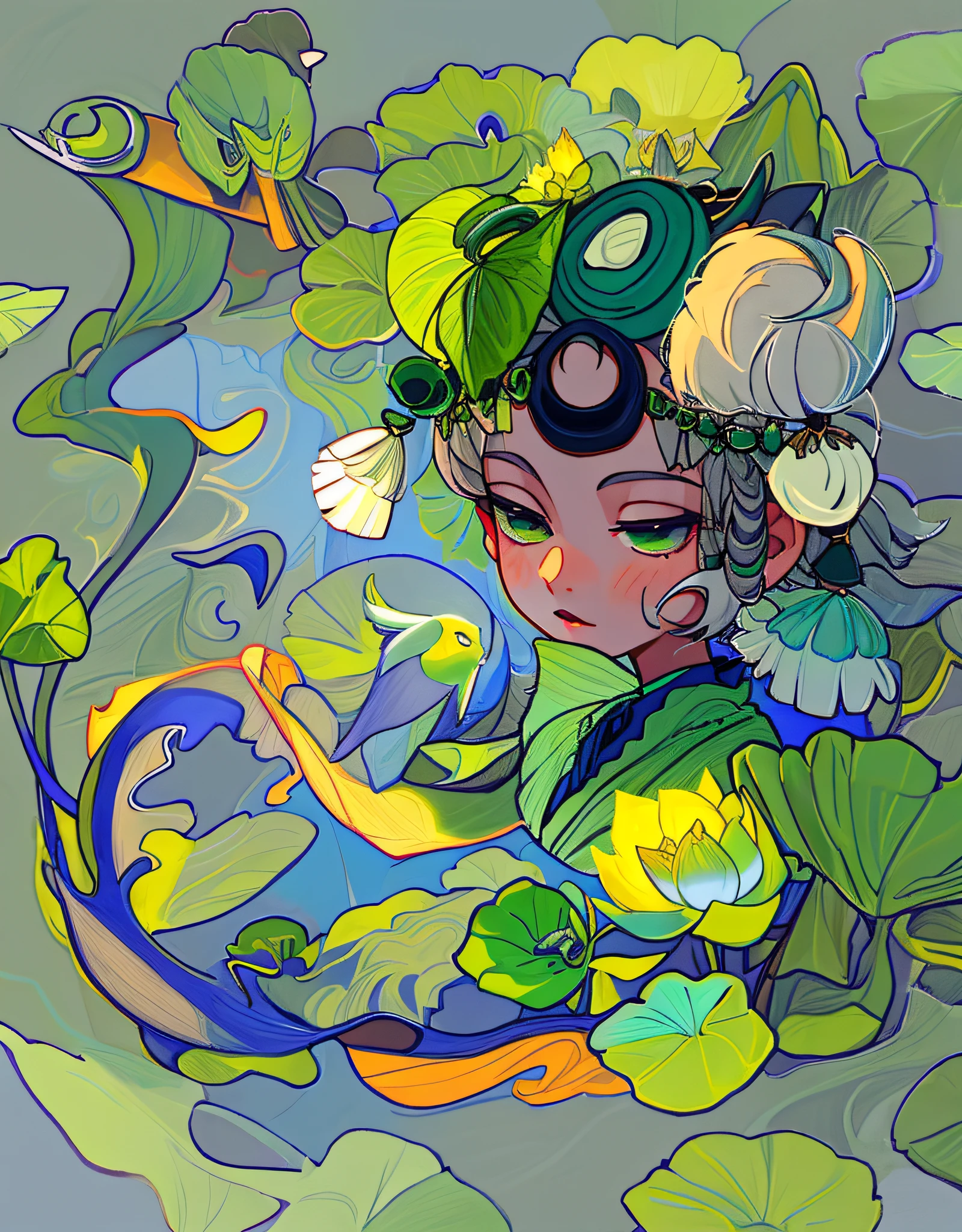 Gray hair, green clothes, blue ocean, green lotus leaves