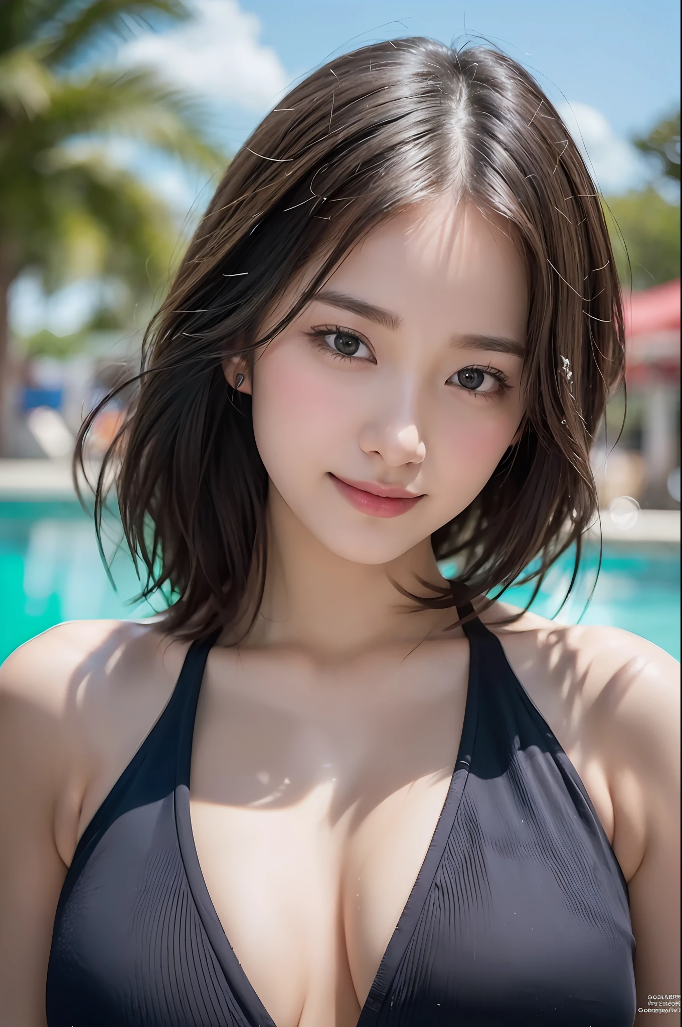 (8K, RAW photo, Best quality, Masterpiece: 1.45), (Realistic, Photorealistic: 1.37), One girl, Cute, Smiling, happy, embarrassing pose: 1.2, Beach, Daytime, Professional lighting, Photon mapping, Radiosity, Physically Based Rendering, Masterpiece, Masterpiece, Rich Detail, (Fine Features), (Best Quality Photo), (Masterpiece), (Fine Eye) , quality photo, high resolution, 1080p, (clear face), (detailed face description), (detailed hand description), (masterpiece), realistic, extreme light and shadow, gradient black hair, gray hair, short curly hair, handsome, girl, (cowboy shot: 1.3), double, small breasts, disheveled hair, look in front of you, fine collarbone,deep V neckline slip dress, sideboob, public indecency、(Increased Skin Texture Beauty:1.1),Immediately after getting out of the pool,sideboob:1.2、(Camel Toes,mecosuji,pubic hair:1.1),