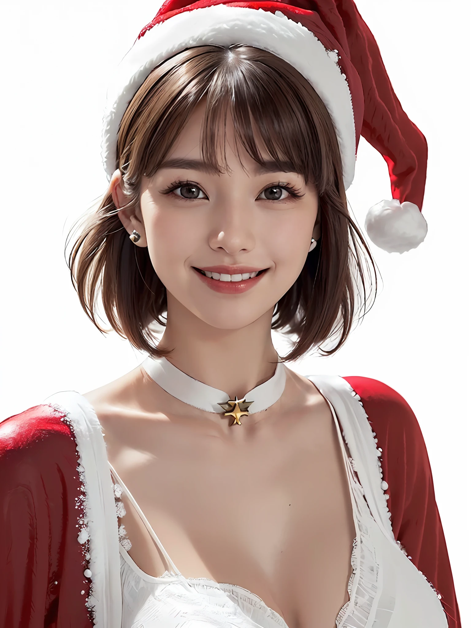 (8k quality), (best quality: 1.2), (realistic,), (photorealistic), ultra high definition, 1 girl, (((solo)), cute, smile, closed mouth, beautiful details, beautiful nose in detail, short hair, huge breasts darcepho, big eyes, long neck, ears, short hair, short hair, huge, ((Santa Claus costume, accurate Santa Claus hat, bangs, bangs, long neck, beautiful, cute, really snow-white background, smile a little, highlight in the eyes, light brown eyes, put out the ears)))