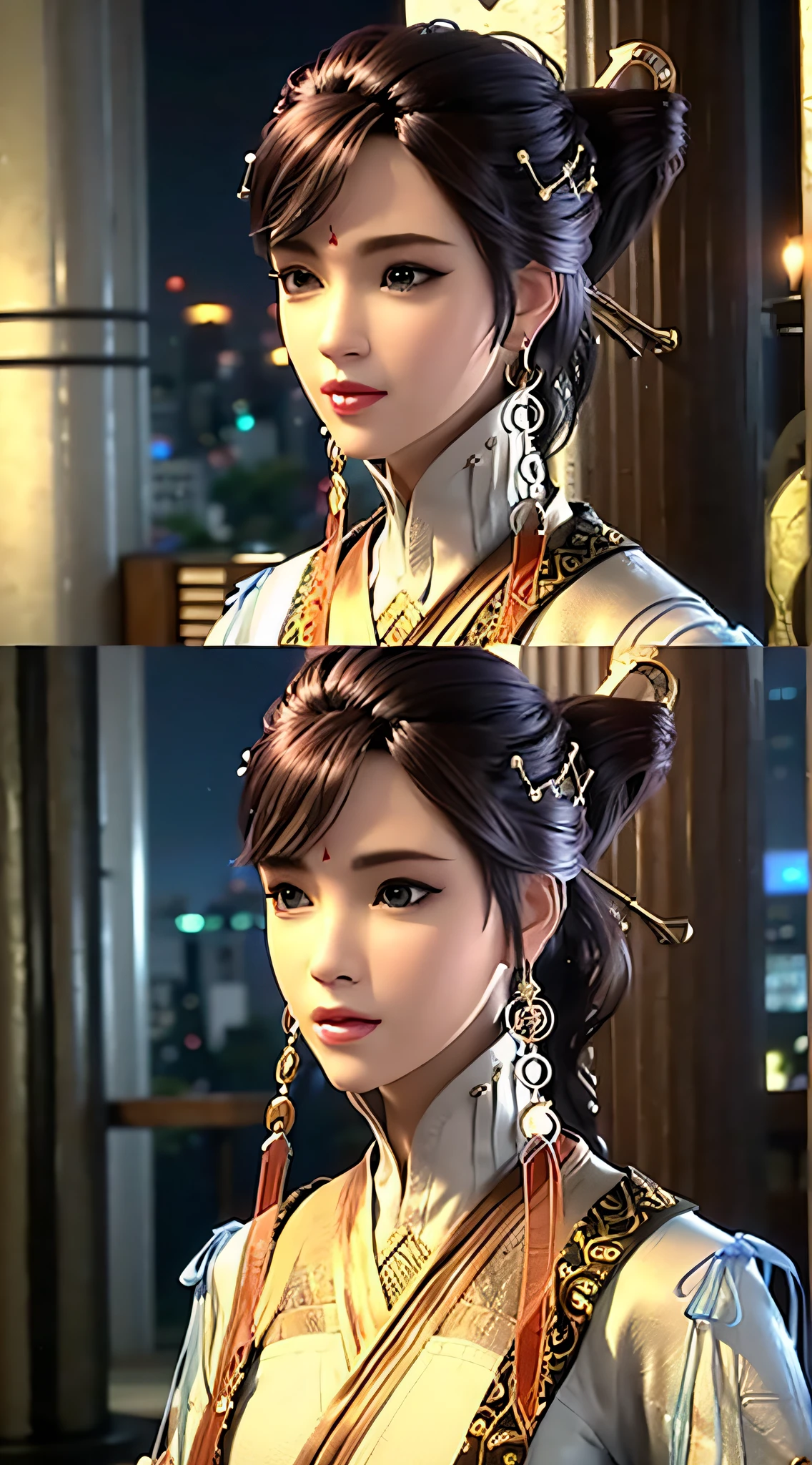 A woman with a ponytail, wearing a video game character costume, bust, with a ponytail and ponytail, (1girl:0.997), (blurry:1.000), (blurry background:1.000), (blurry foreground:0.999), (bokeh: 0.831), (brown hair: 0.880), (Hanfu: 0.894), (depth of field: 1.000), (earrings:0.984), (hair accessory: 0.947), (hair stick: 0.888), (accessories: 0.968) , (lips: 0.863), (lipstick: 0.688), (makeup: 0.635), (motion blur: 0.936), (nose: 0.769), (outdoor: 0.571), (solo: 0.940)