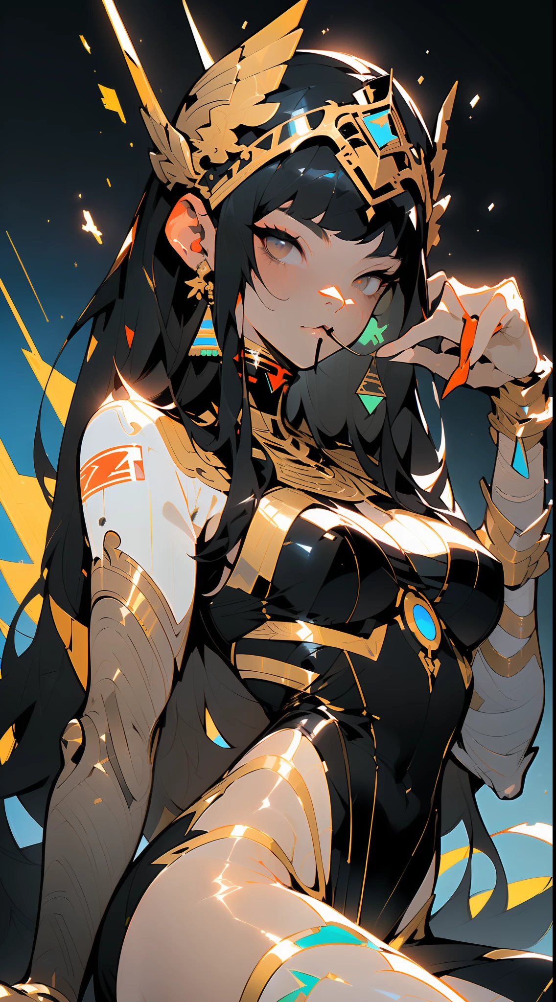 ((Best quality)), ((masterpiece)), (detailed: 1.4), crysis nanosuit, square chin, Guweiz-style art, Guweiz, beautiful character painting, Guweiz in Artstation Pixiv, Guweiz in Pixiv ArtStation, beautiful digital art, Wlop Rossdraws, Guweiz masterpiece, (Absurd), Thin woman airplane pilot, Egyptian ready for war, perfect body, dark skin, Tutankhamun mask, (((Hemhem crown on head, Style of a triple Atef))),  (((Khat))), (((defined muscles, half-thick bare thighs, mouth closed, only in panties, muscular body covered in technological clothing, Neon Genesis Evangelion style, cyberpunk, ((Sphinx)), (Cleopatra), head covered by an Egyptian ornament in the shape of a golden eagle wing, ((perfect medium breasts)), (white eyes without pupils), (((black, silver and red clothing)), (((long black straight hair with heavy bangs on the forehead))),  (Egyptian ornaments), ((hieroglyphics on the arms)), short underwear, garter belt, by mucha, niji --V5, close to real, psychopathic, crazy face, sexy pose, background with a sphinx, 2 piece clothing, pastel, centered, scale to fit dimensions, HDR (High Dynamic Range),Ray Tracing,NVIDIA RTX,Super-Resolution,Unreal 5,Subsurface dispersion, PBR texture, Post-processing, Anisotropic filtering,  Depth of field, Maximum clarity and sharpness, Multilayer textures, Albedo and specular maps, Surface shading, Accurate simulation of light-material interaction, Perfect proportions, Octane Render, Two-tone lighting, Wide aperture, Low ISO, White balance, Rule of thirds, 8K RAW