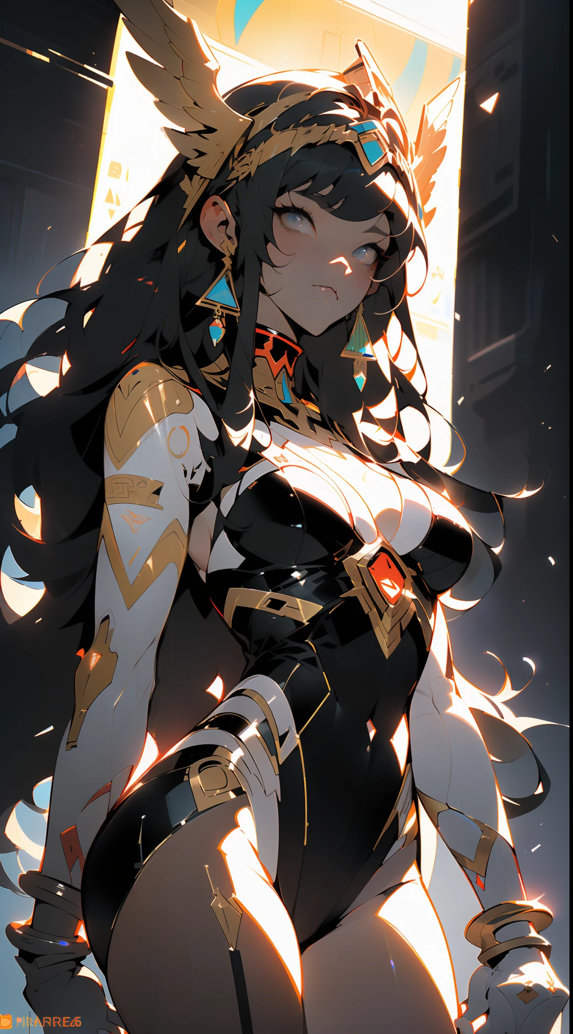 ((Best quality)), ((masterpiece)), (detailed: 1.4), crysis nanosuit, square chin, Guweiz-style art, Guweiz, beautiful character painting, Guweiz in Artstation Pixiv, Guweiz in Pixiv ArtStation, beautiful digital art, Wlop Rossdraws, Guweiz masterpiece, (Absurd), Thin woman airplane pilot, Egyptian ready for war, perfect body, dark skin, Tutankhamun mask, (((Hemhem crown on head, Style of a triple Atef))),  (((Khat))), (((defined muscles, half-thick bare thighs, mouth closed, only in panties, muscular body covered in technological clothing, Neon Genesis Evangelion style, cyberpunk, ((Sphinx)), (Cleopatra), head covered by an Egyptian ornament in the shape of a golden eagle wing, ((perfect medium breasts)), (white eyes without pupils), (((black, silver and red clothing)), (((long black straight hair with heavy bangs on the forehead))),  (Egyptian ornaments), ((hieroglyphics on the arms)), short underwear, garter belt, by mucha, niji --V5, close to real, psychopathic, crazy face, sexy pose, background with a sphinx, 2 piece clothing, pastel, centered, scale to fit dimensions, HDR (High Dynamic Range),Ray Tracing,NVIDIA RTX,Super-Resolution,Unreal 5,Subsurface dispersion, PBR texture, Post-processing, Anisotropic filtering,  Depth of field, Maximum clarity and sharpness, Multilayer textures, Albedo and specular maps, Surface shading, Accurate simulation of light-material interaction, Perfect proportions, Octane Render, Two-tone lighting, Wide aperture, Low ISO, White balance, Rule of thirds, 8K RAW
